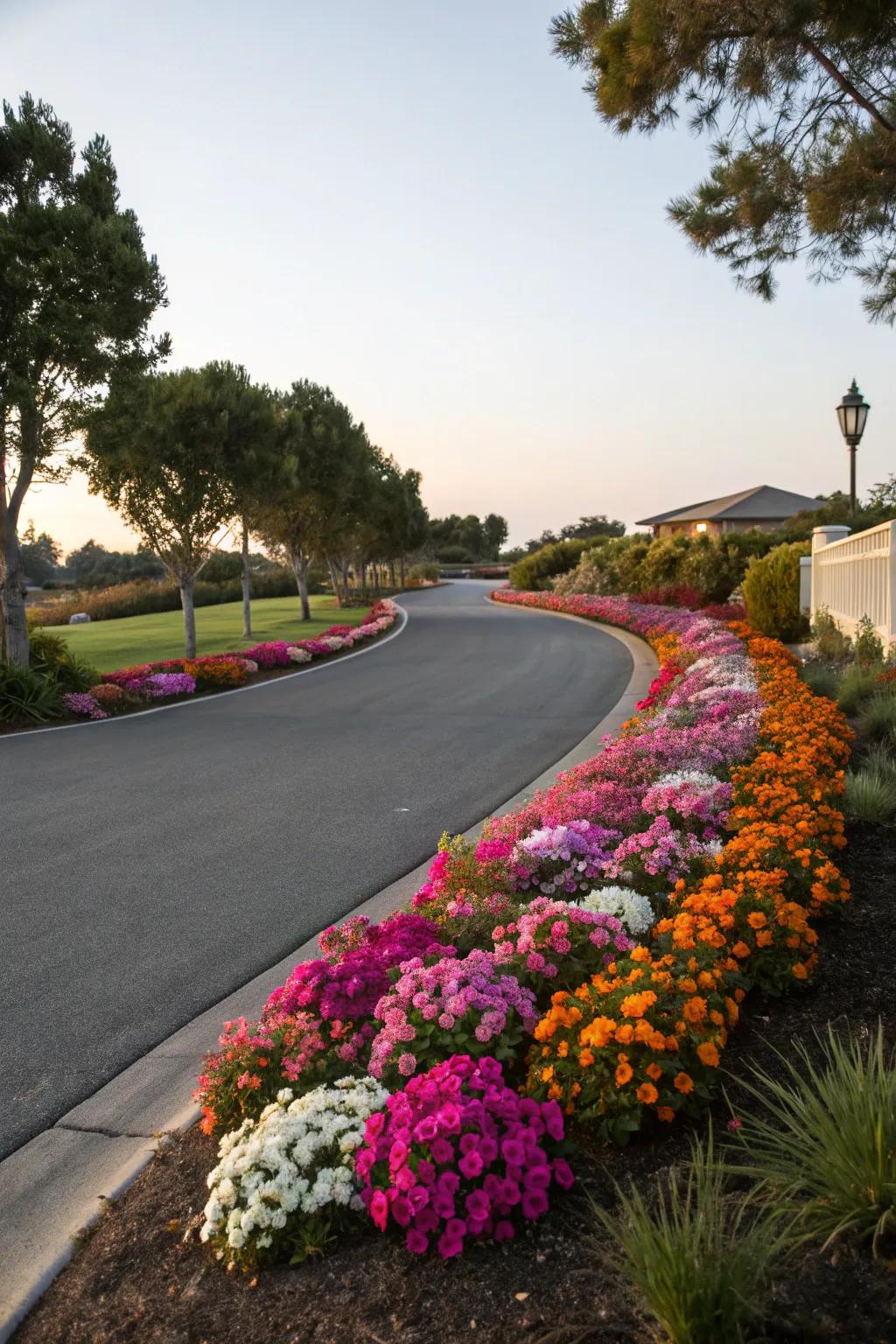 A floral embankment enriches color and beauty to this driveway.