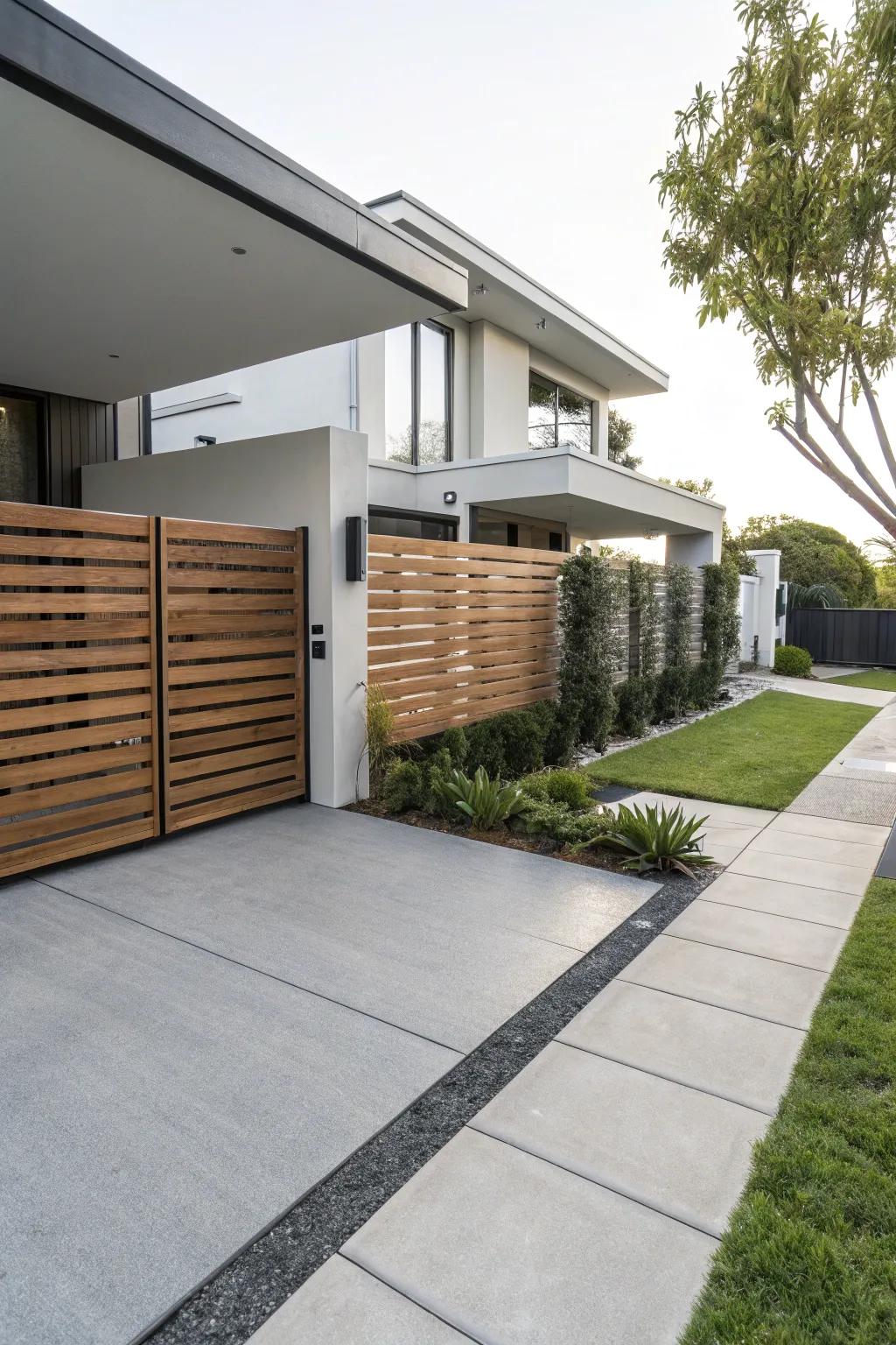 Modern horizontal wood slats offer a sleek look for your driveway.