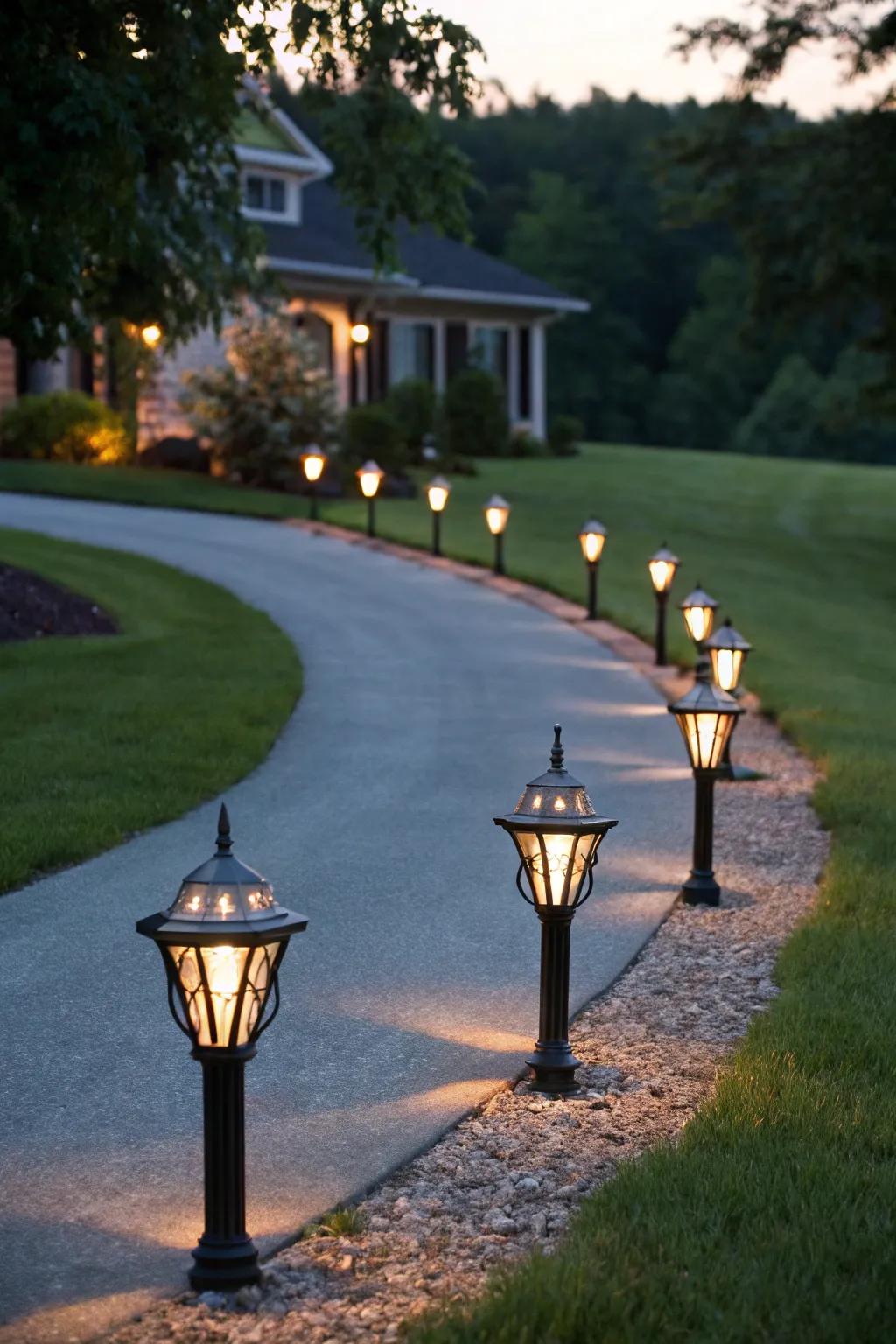 Pathway lights leading the way to a cozy home.