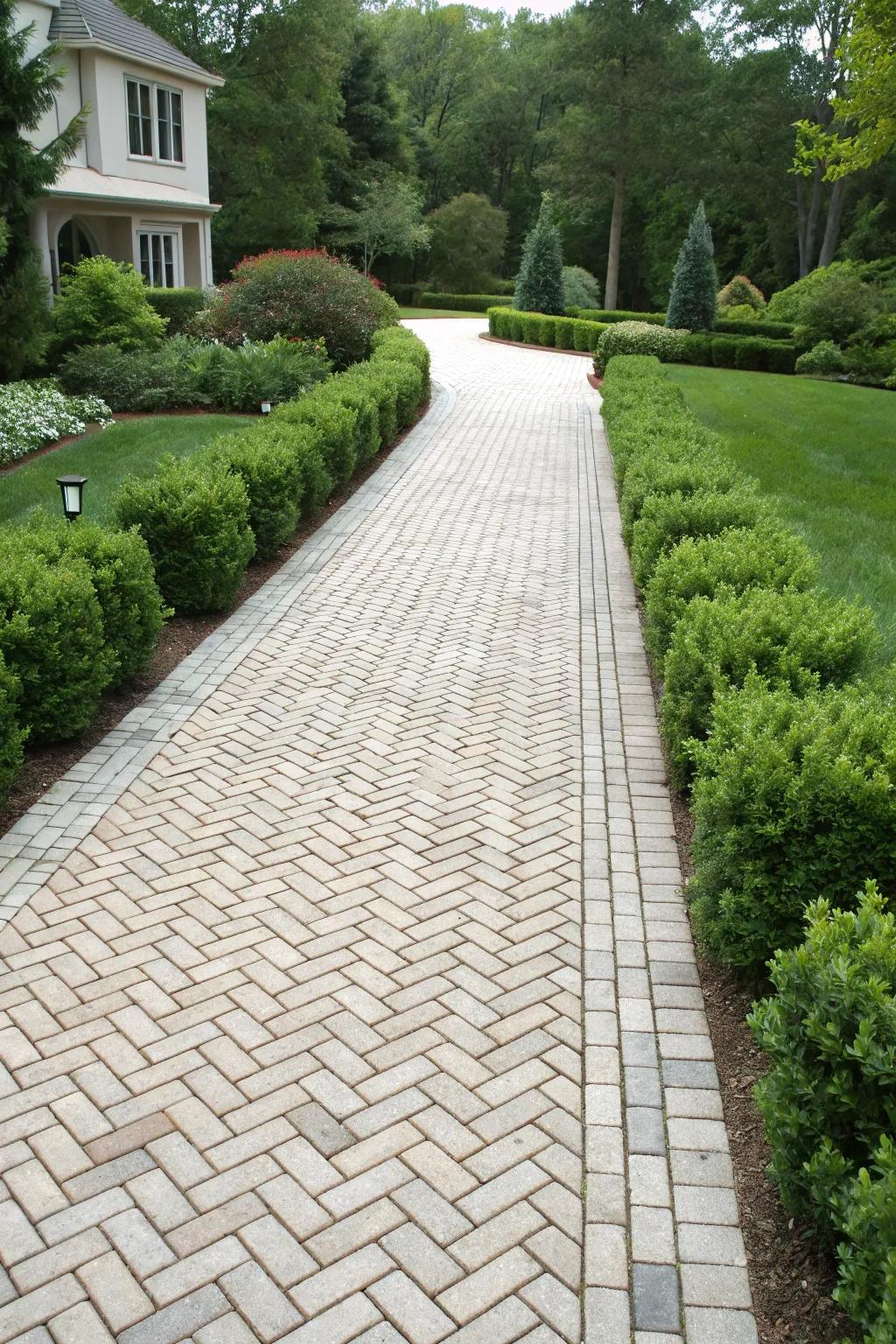 A driveway showcasing a herringbone pattern brings sophistication and charm.