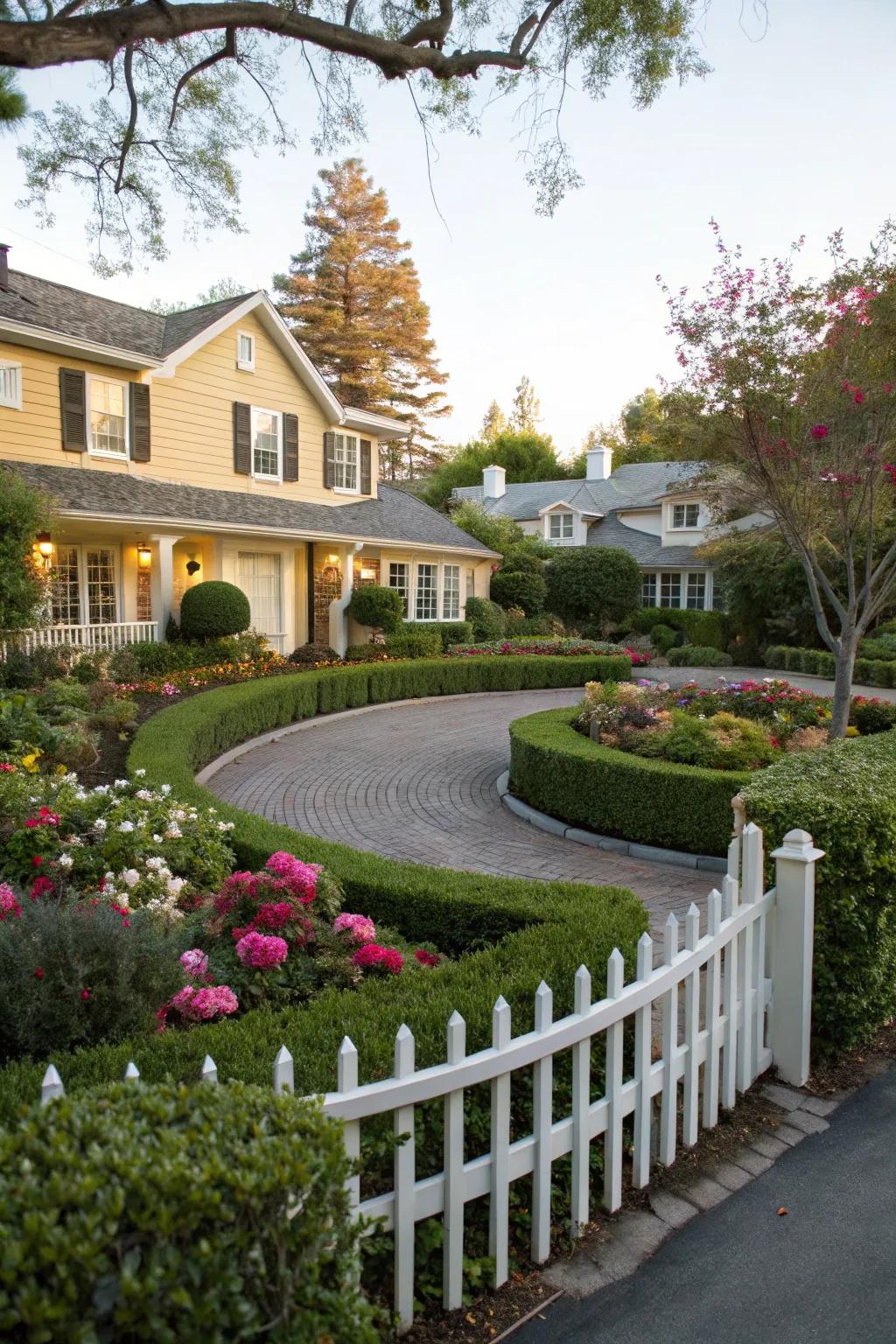 A classic circular driveway with a beautifully landscaped center.