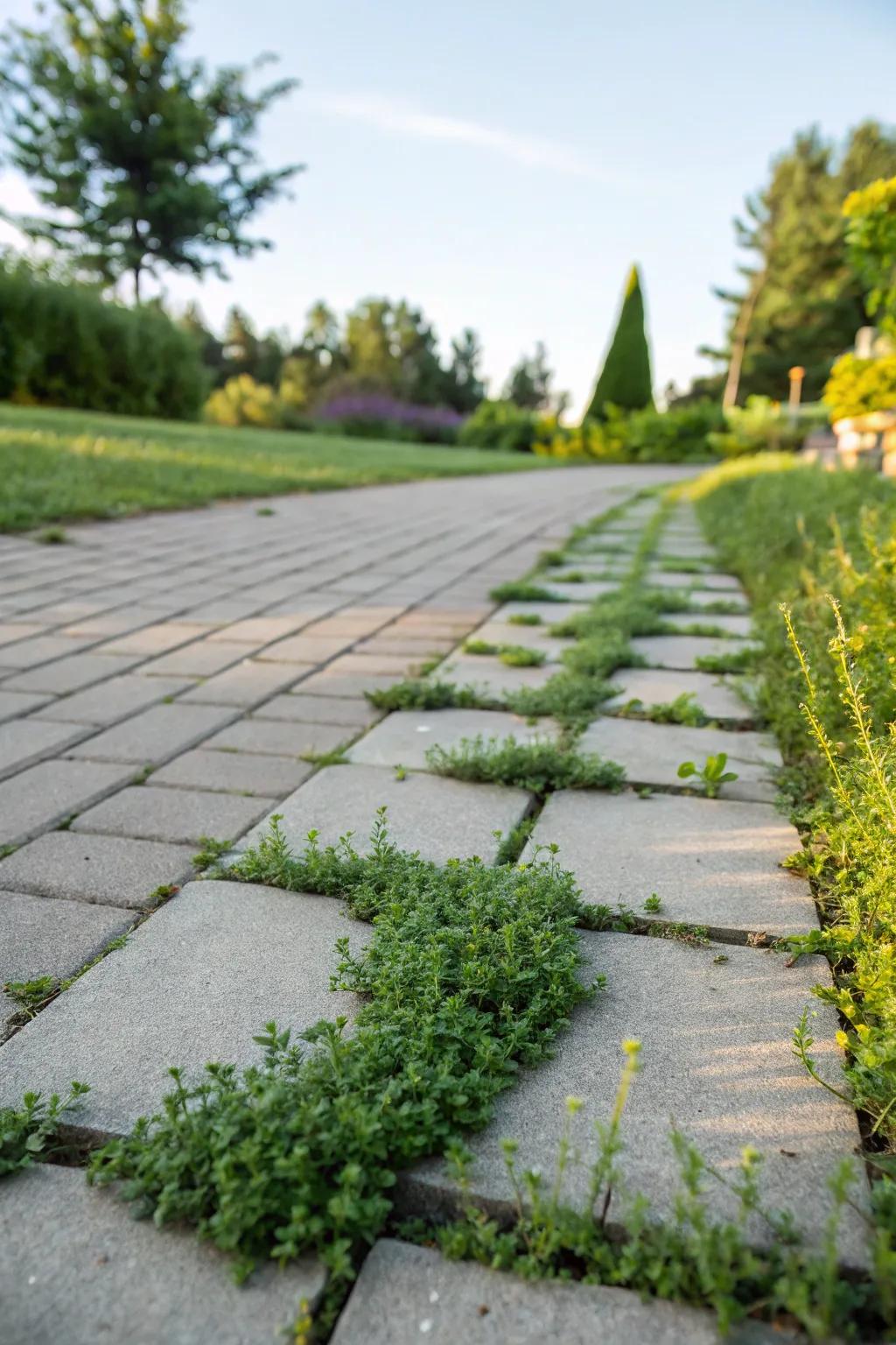 A timeless paver pathway elevated with vibrant green accents.