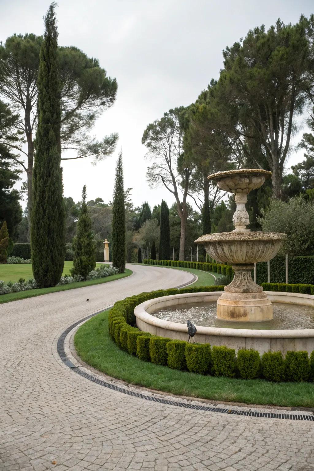 A circular driveway accentuated with a grand stone fountain.