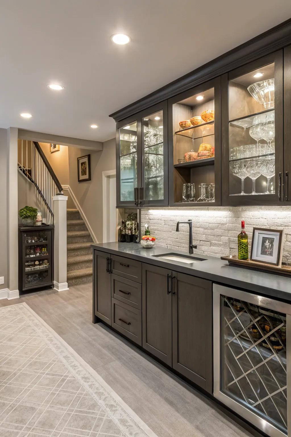 Tasteful cabinets and shelving contribute style and organization.