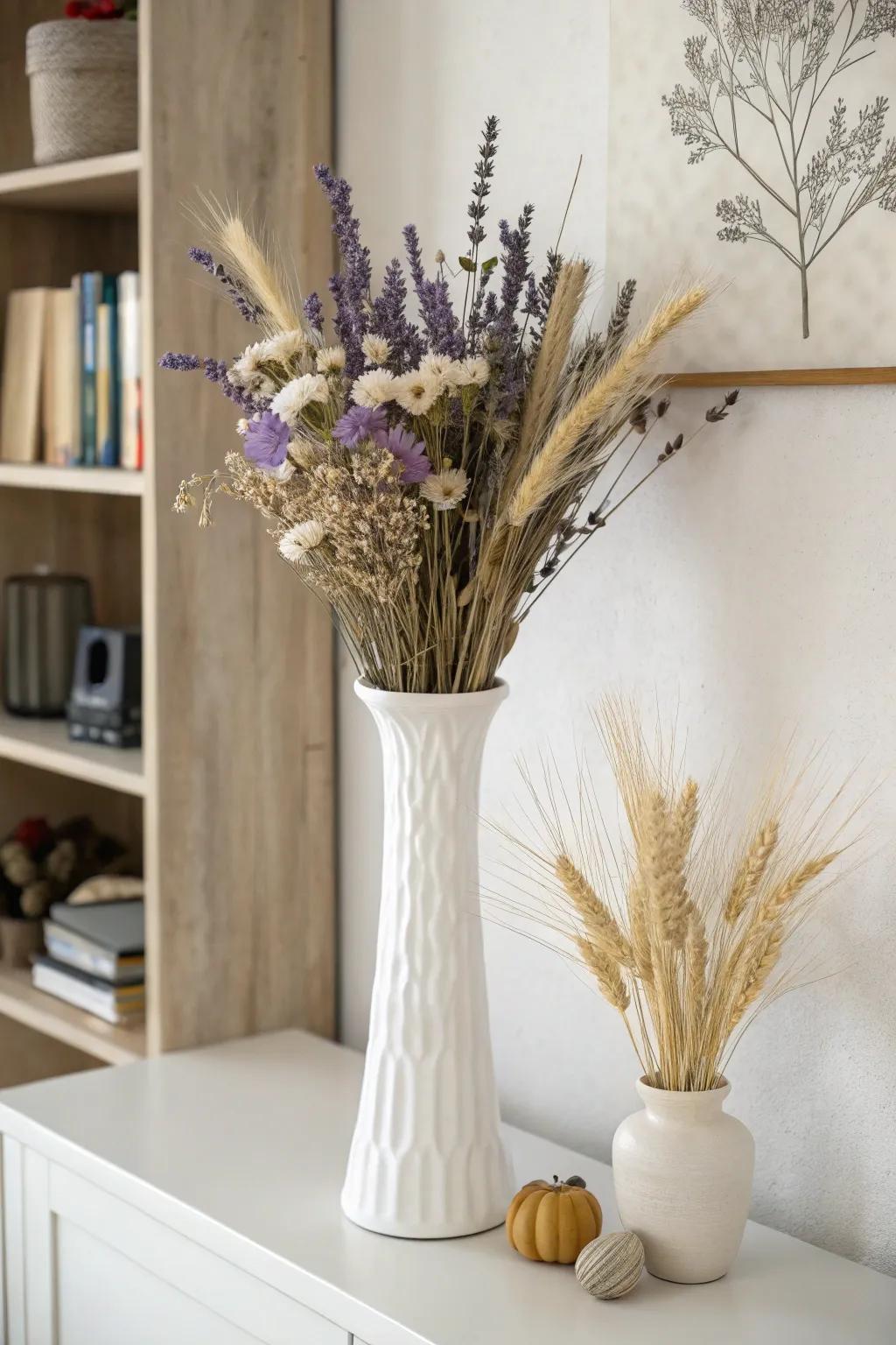 An uncomplicated yet stylish vase exhibiting preserved blooms.