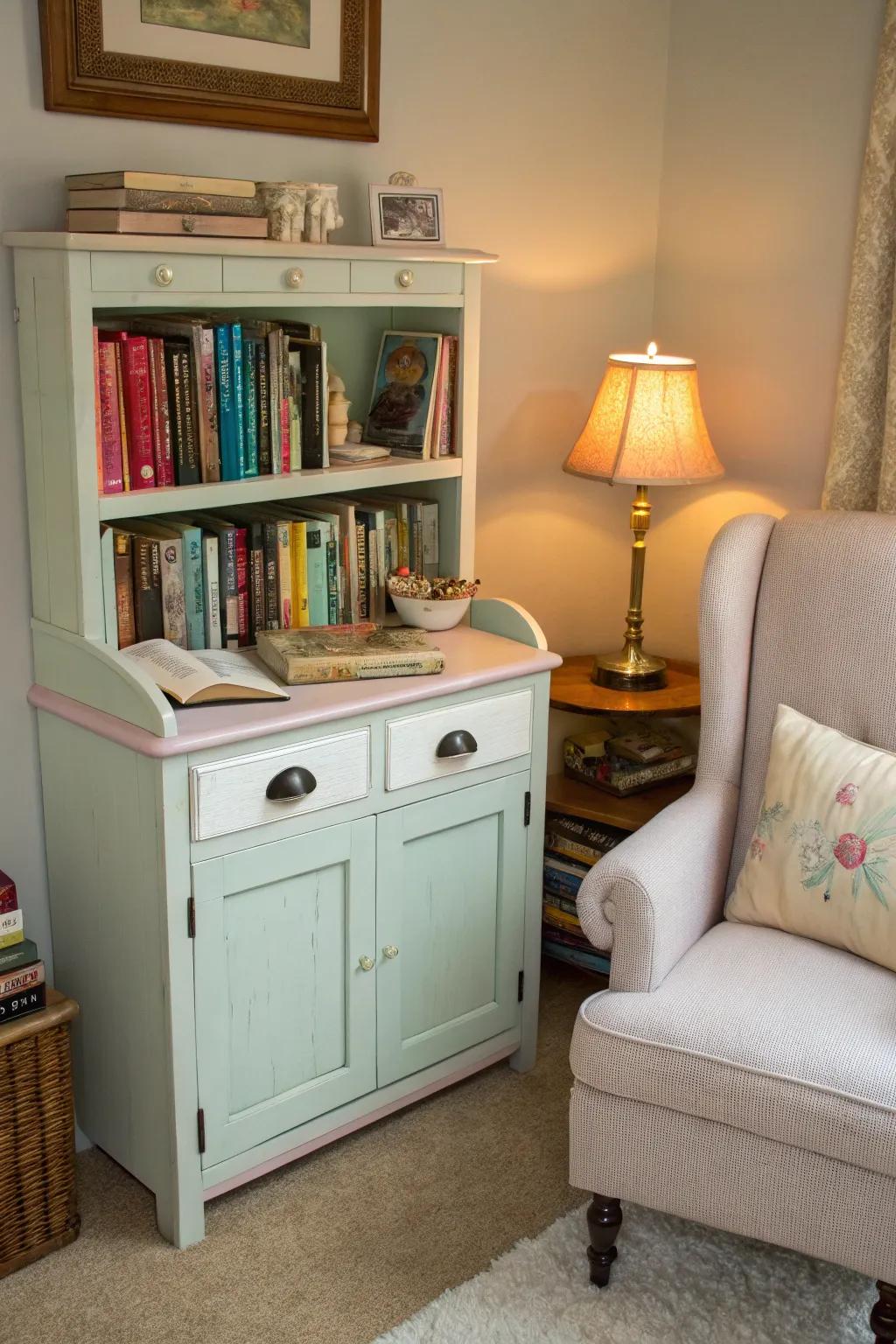 A vintage utility basin colored in pastels, ideally suited for a reading space.