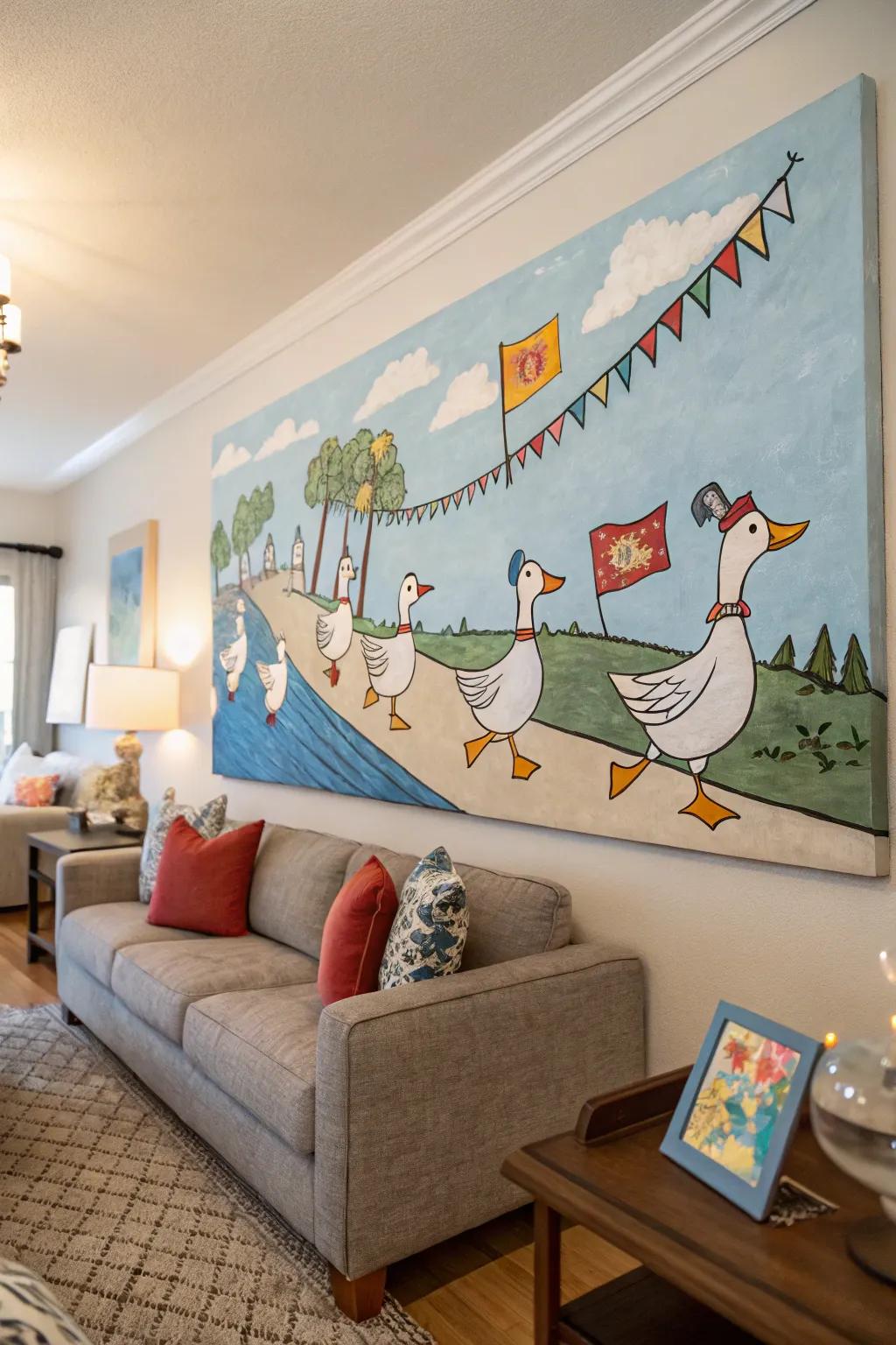A playful waterfowl procession introduces delightful charm to any setting.