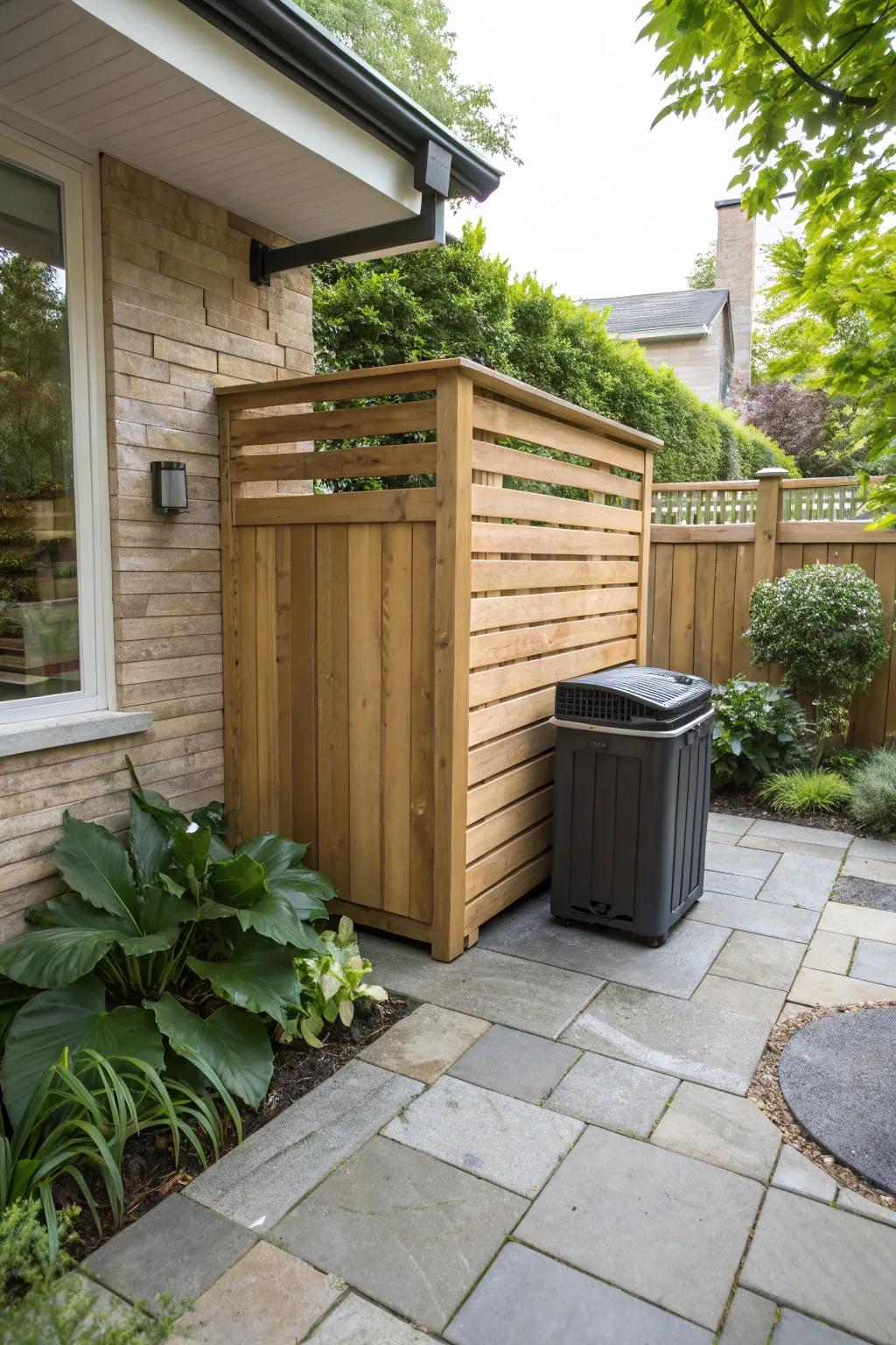 A timber shield provides a sophisticated means to obscure trash bins.