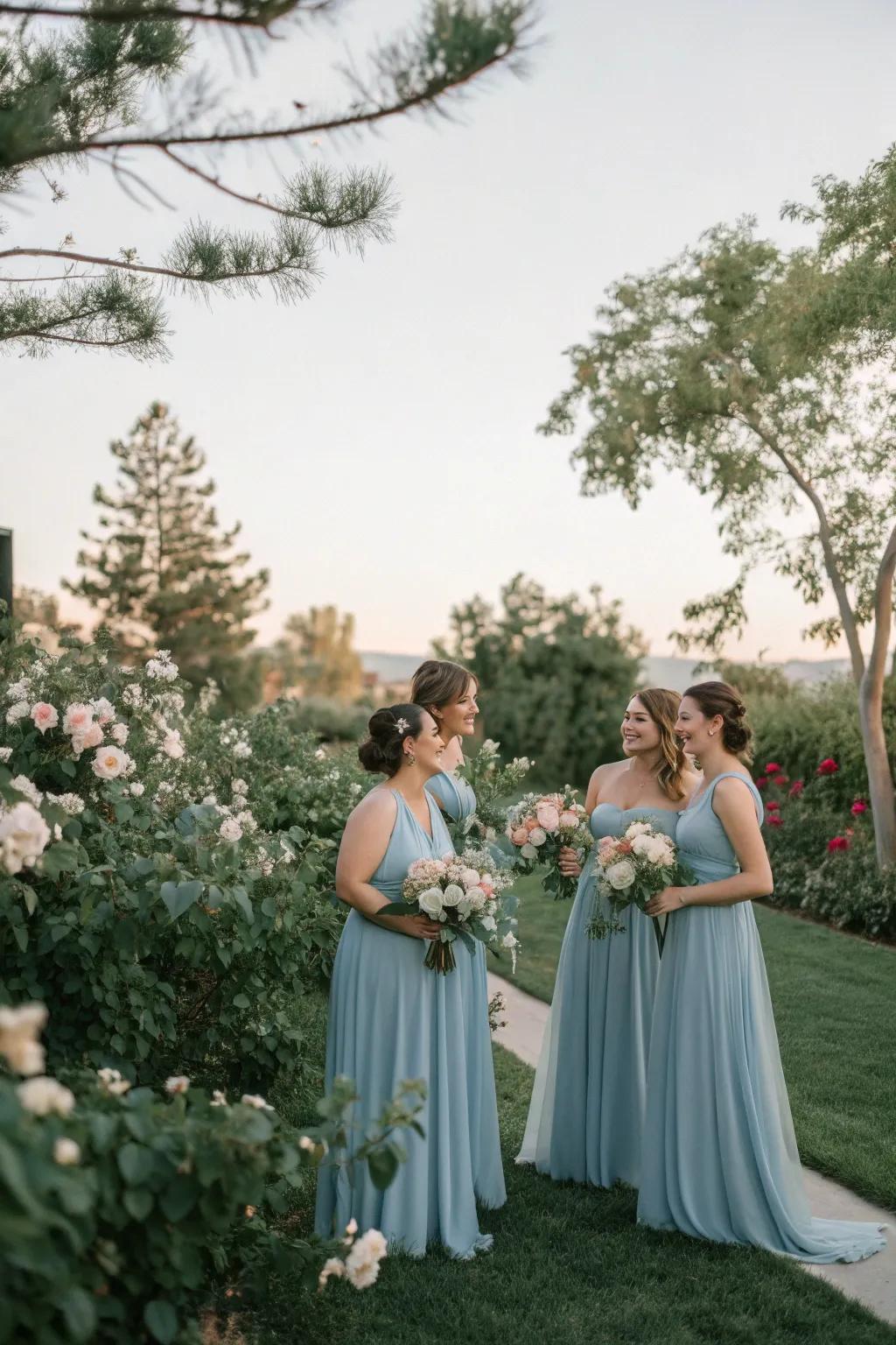 Bridesmaids exquisitely styled in sky blue outfits that enhance any wedding's atmosphere.