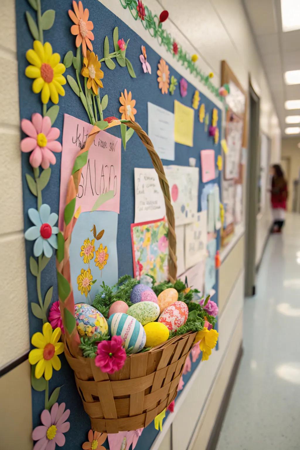 A giant Easter basket overflowing with colorful eggs and flowers.