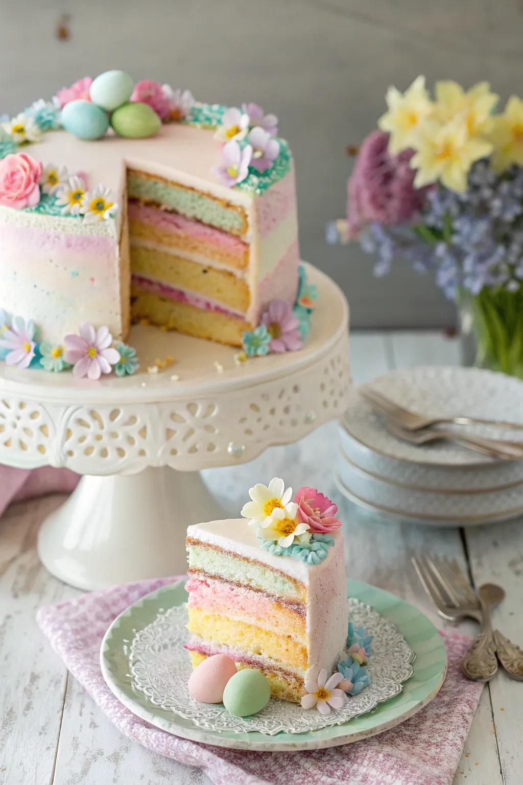 A delightful pastel rainbow cake, perfect for Easter celebrations.