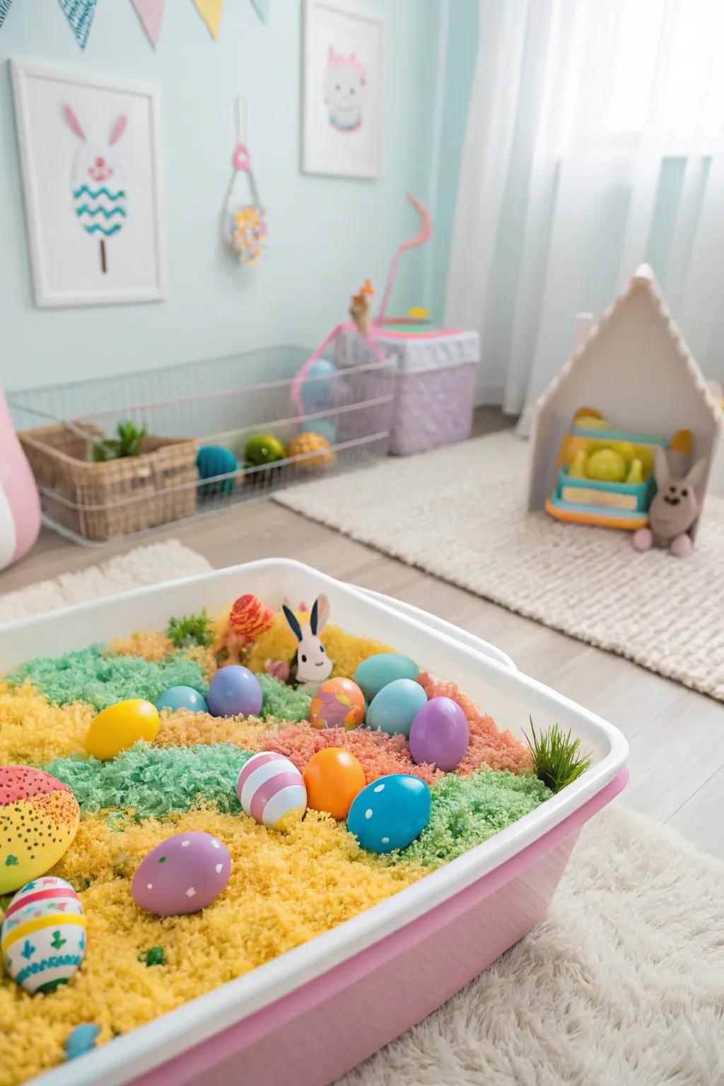 A vibrant Easter sensory bin perfect for curious toddlers.