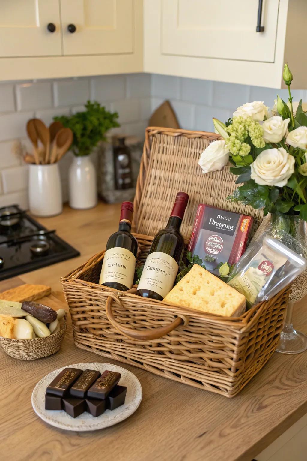Delight in an elegant gourmet hamper filled with enchanting indulgences.