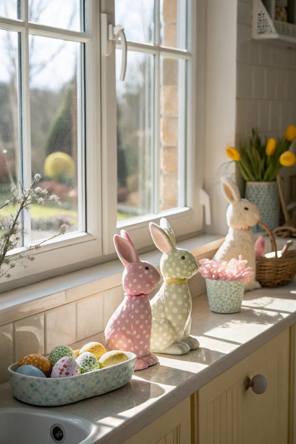 Easter bunny figurines give a playful feel to the kitchen window sill.