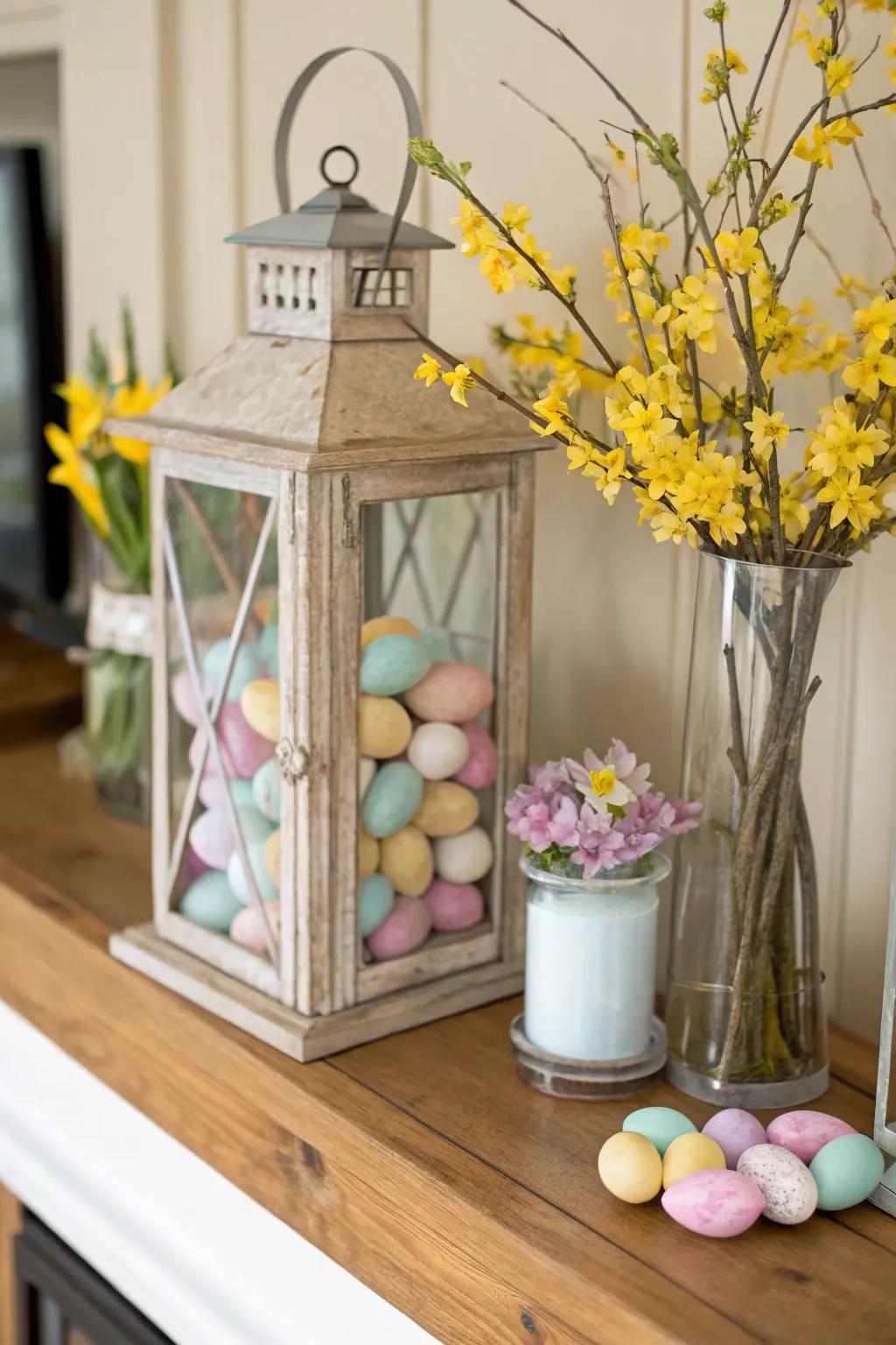 A timeless touch with pastel Easter eggs displayed in a lantern.