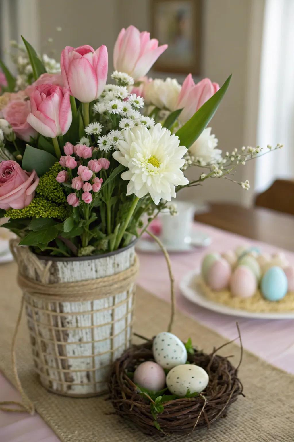 A fresh floral centerpiece brings spring to the Easter table.