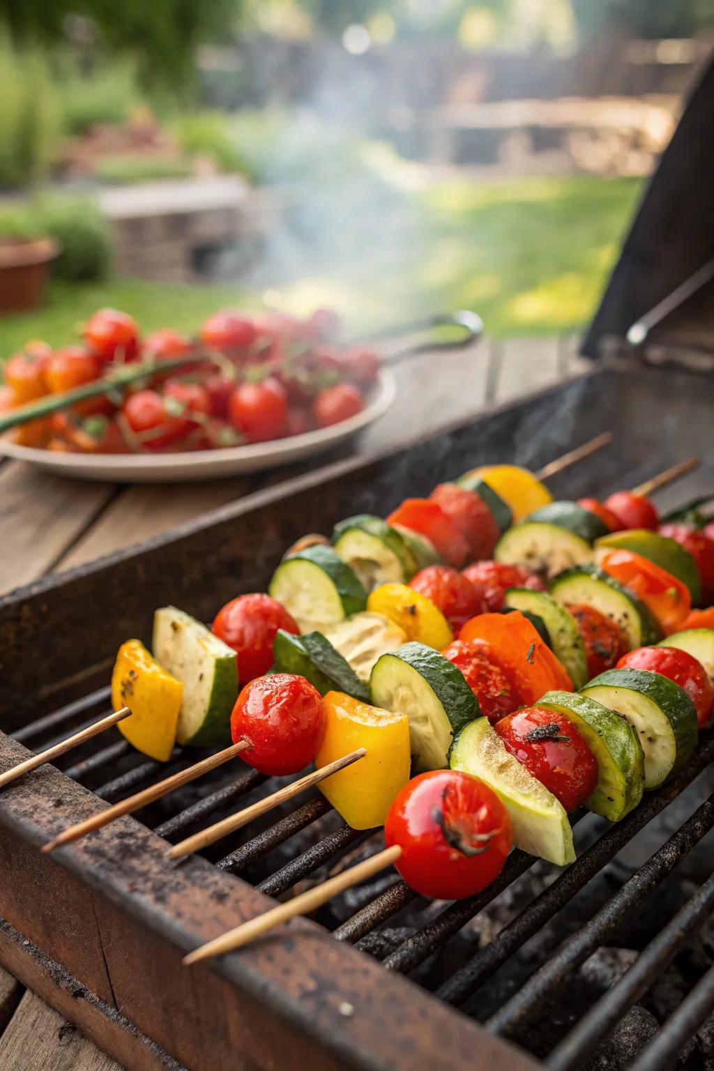Vibrant veggie skewers sizzling cheerfully on the grill in a bright, sunny backyard setting.