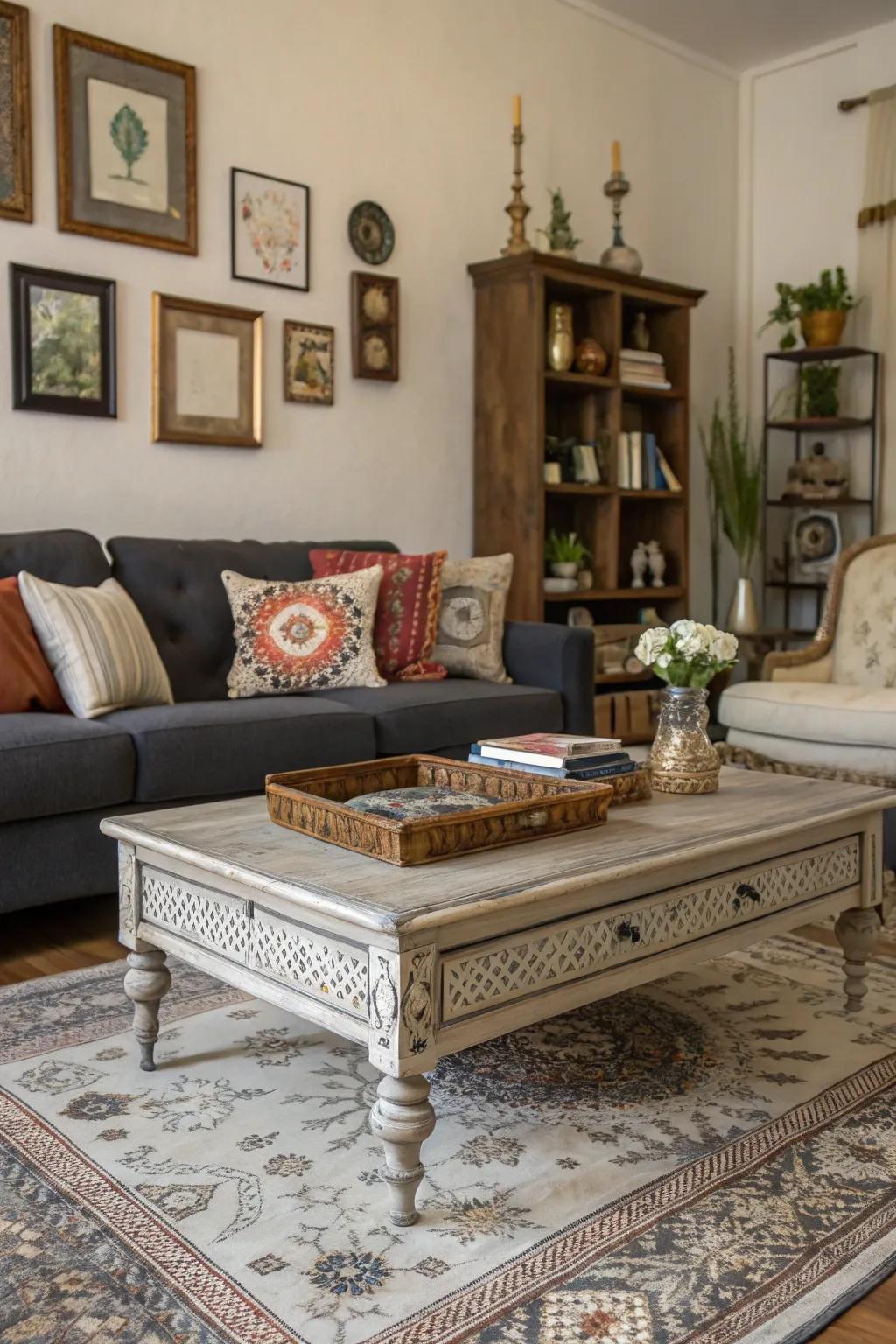An eclectic living room featuring a modern sofa paired with a vintage coffee table.