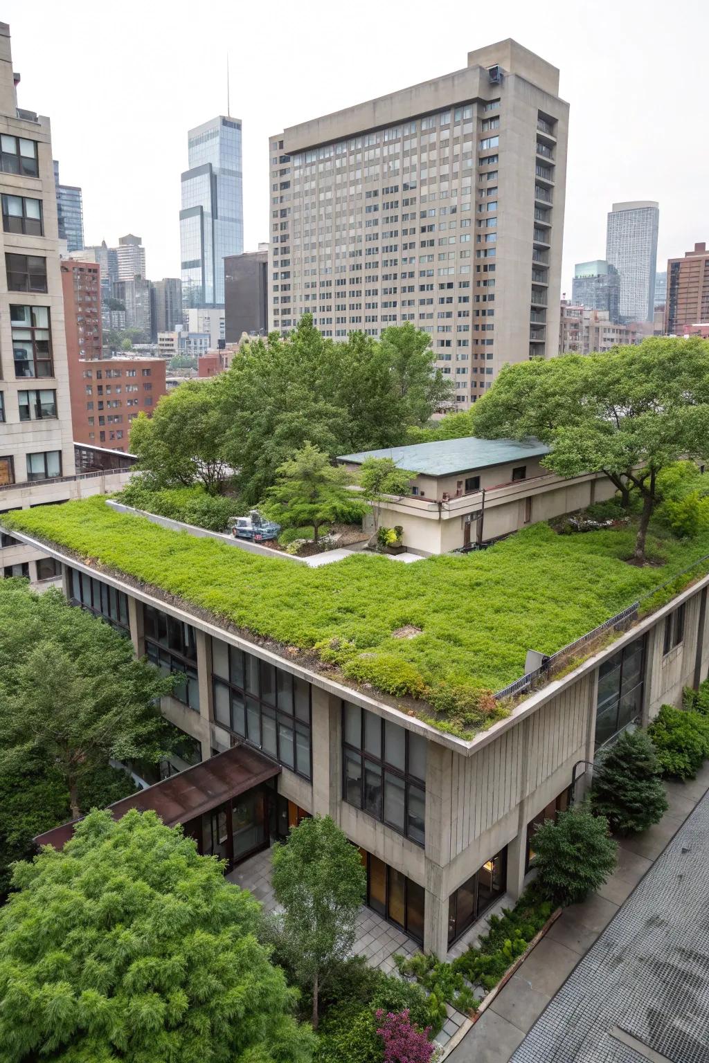 A residential building features a flourishing green roof in an urban setting.