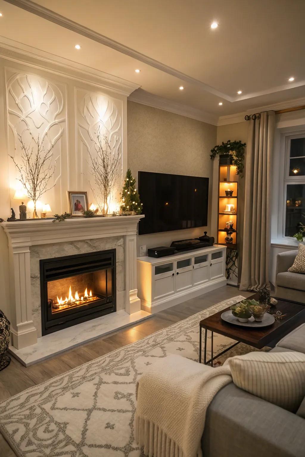 A smooth merging of hearth and television to create a symmetrical and contemporary look.