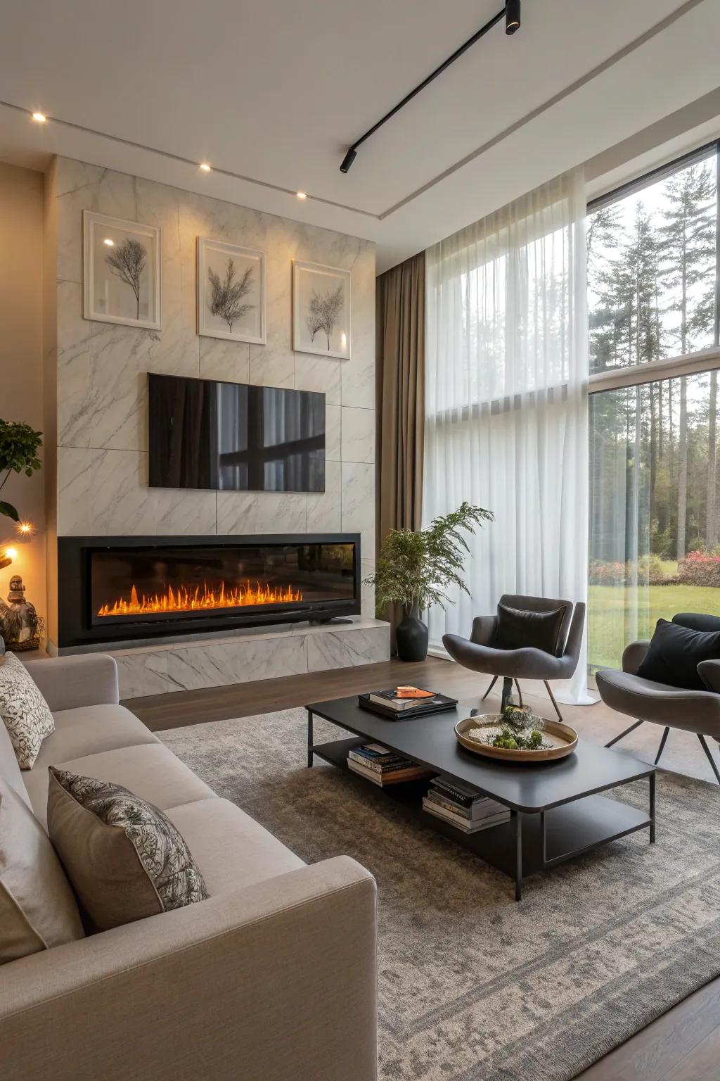 A modern living room design where the electric fireplace is prominently displayed.