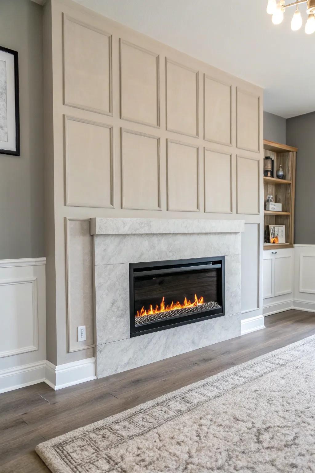 A minimalist living room showcasing an electric fireplace with a neutral color scheme.