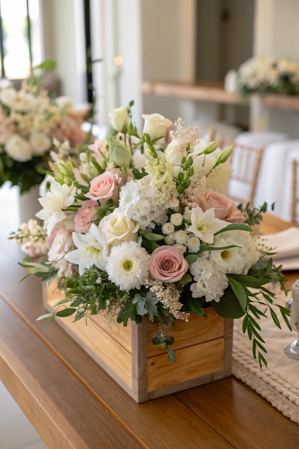 A luxurious floral centerpiece featuring gentle pastel tones.