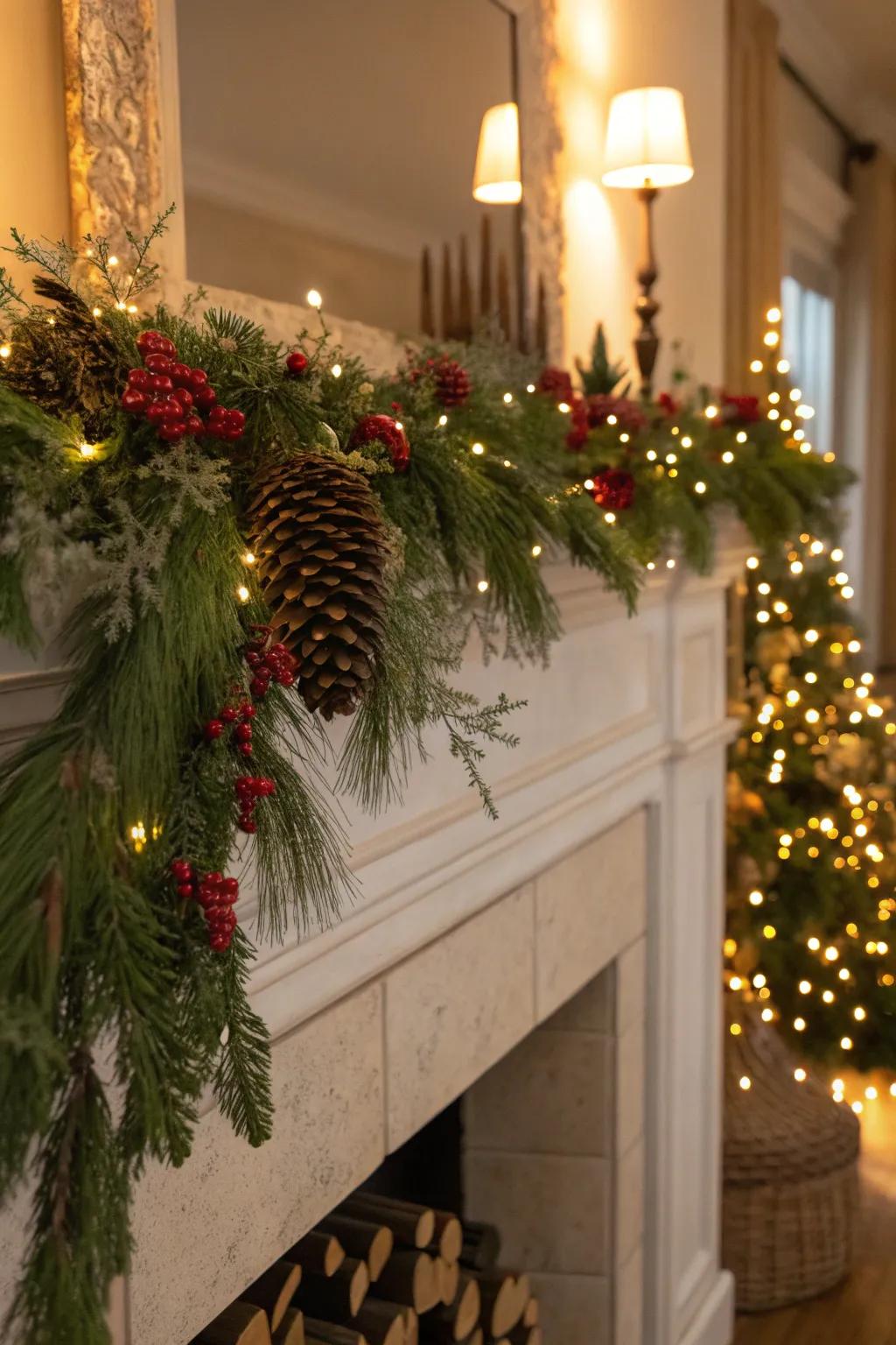 A vibrant garland paired with fairy lights crafts a magical setting.