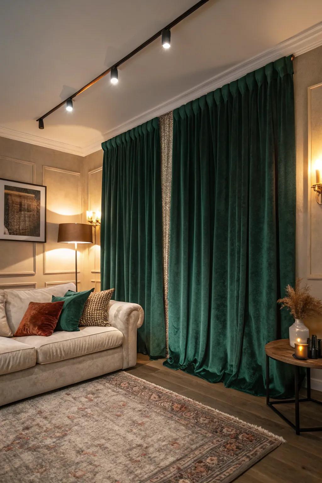 Deep green velvet curtains bring luxury to a cozy area.