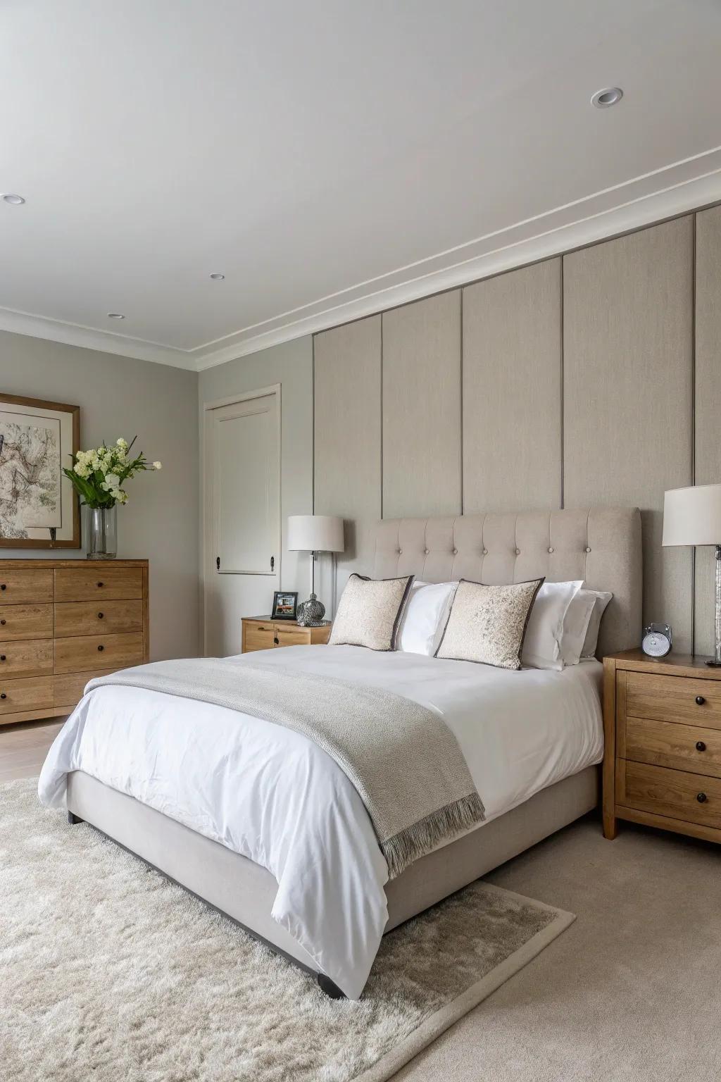 A modern luxury bedroom featuring a sophisticated neutral color palette.