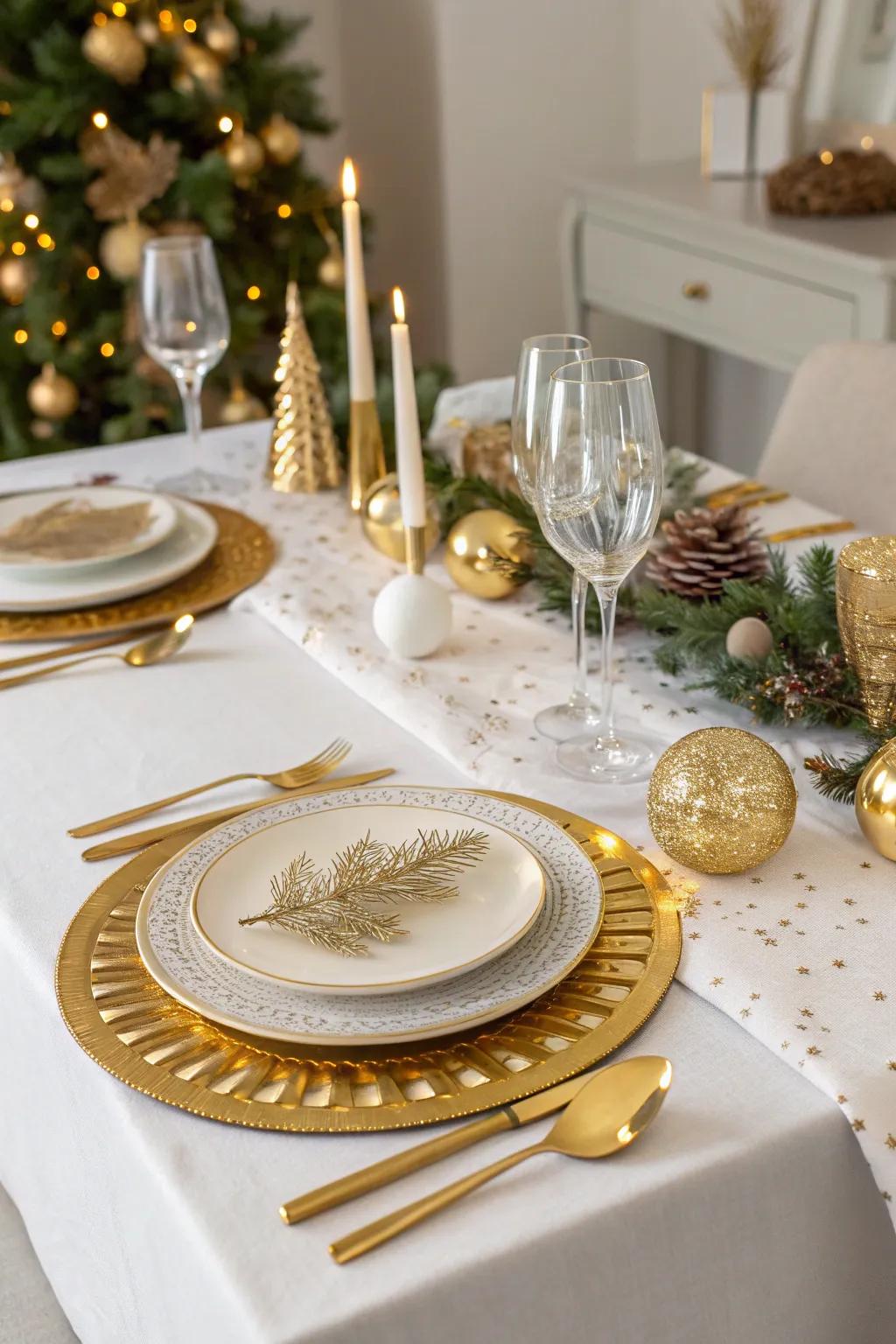 Gold and metallic touches elevate the table's elegance