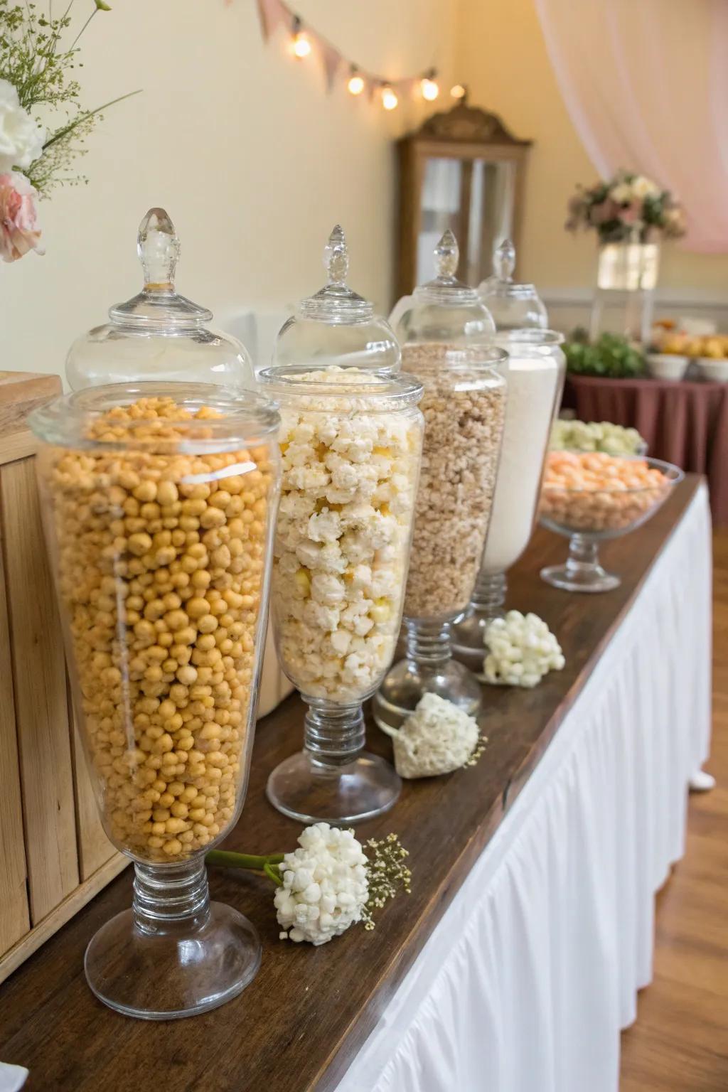 An assortment of premium popcorn tastes attractively shown in clear containers.
