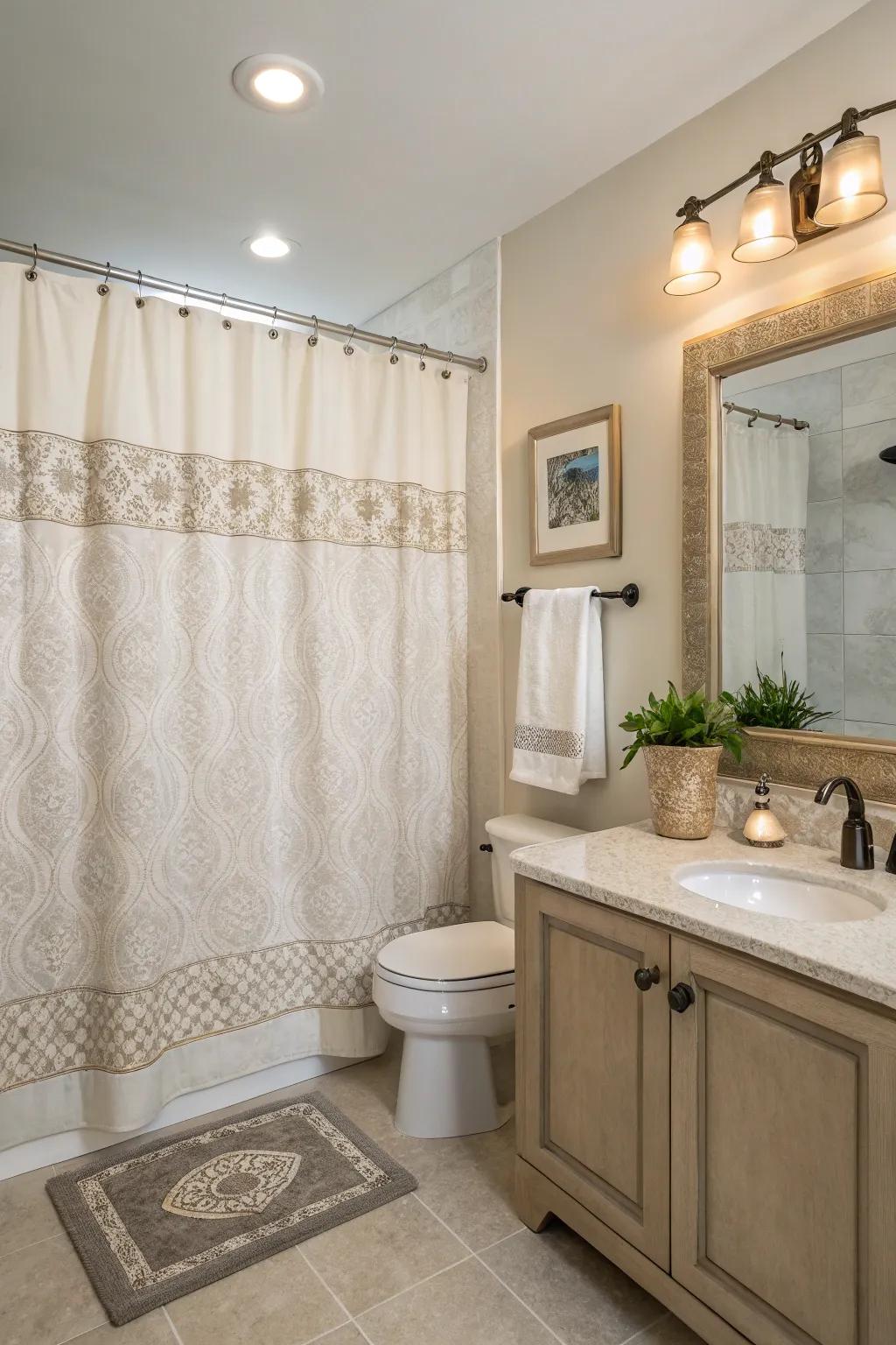 A bathroom showcasing a classic, neutral shower screen, providing a timeless allure.