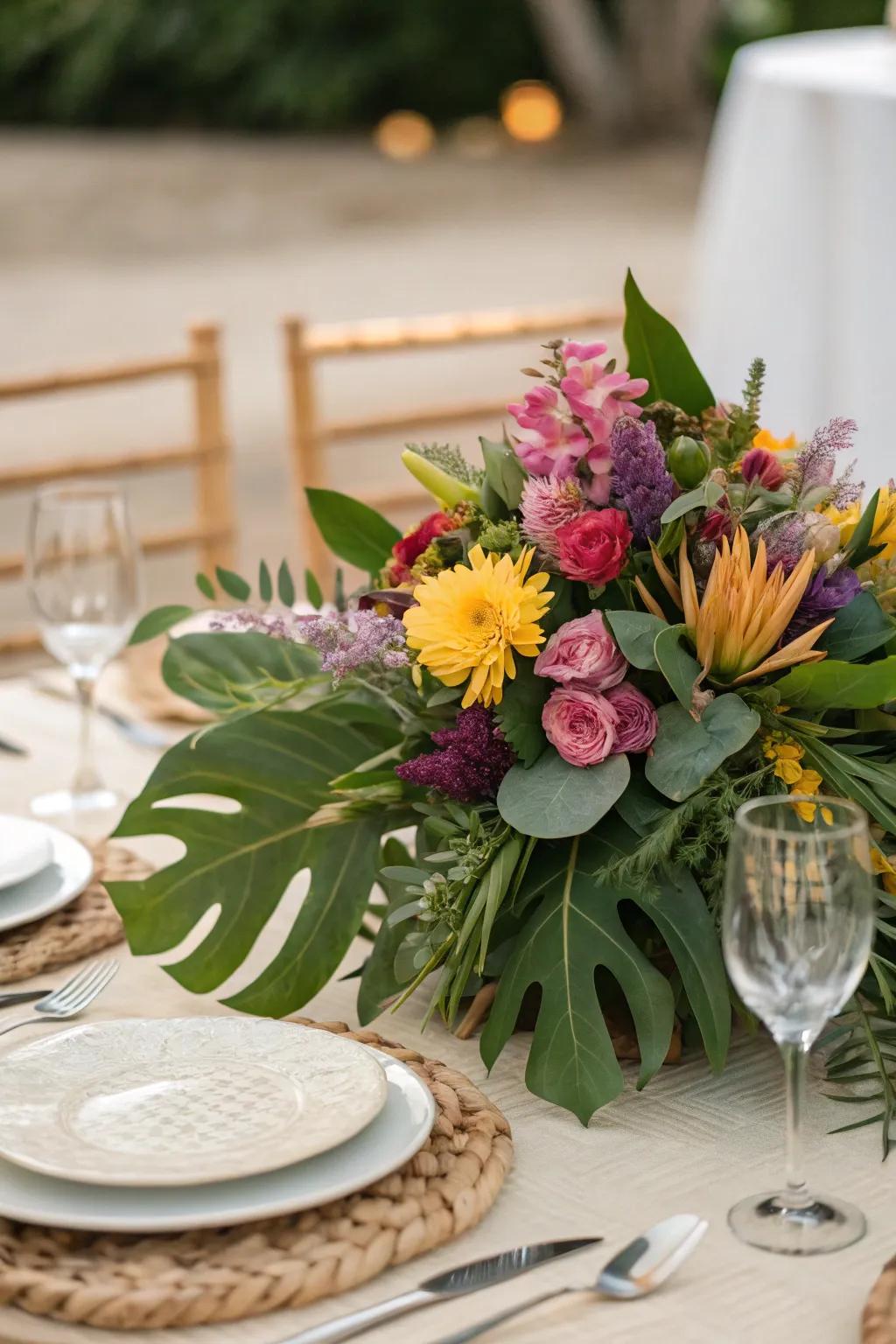 A vibrant floral centerpiece adds elegance to the dining table.