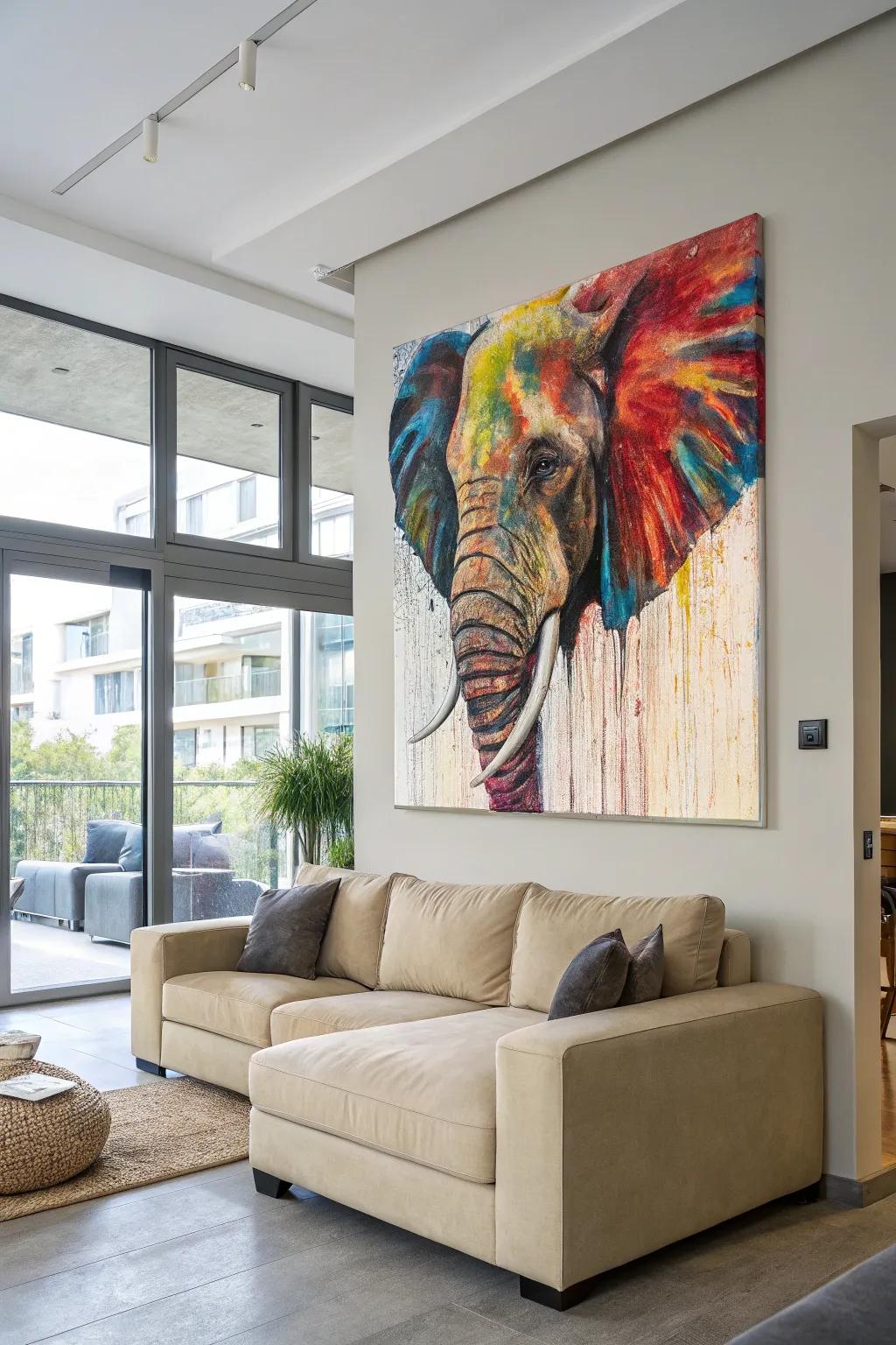 Conceptual pachyderm artwork introduces a burst of color and intrigue to your area.