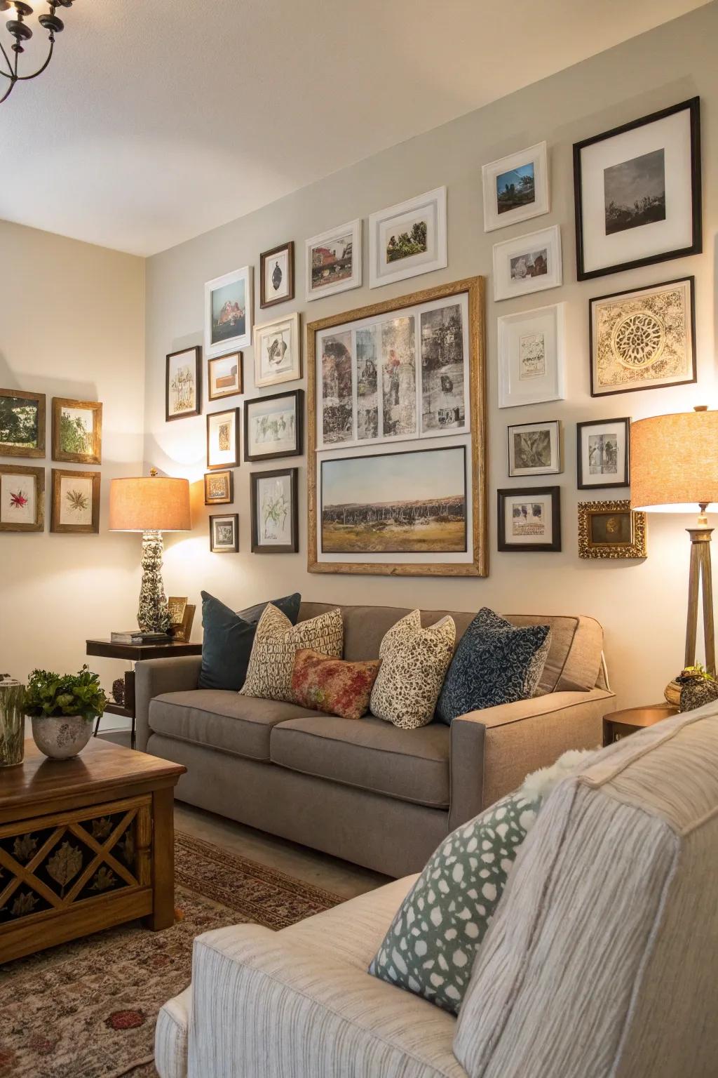 A lively gallery wall bringing character and coziness to a living area.