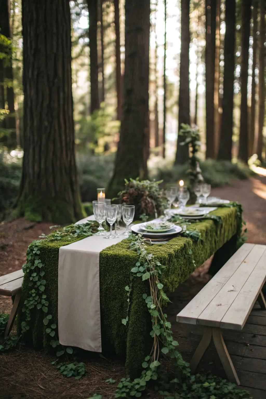 Abundant greenery cascades over tables, mirroring a forest floor for your event.