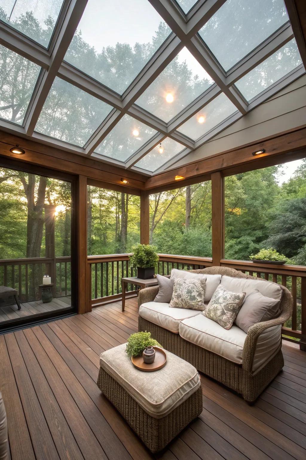 An enclosed deck where skylights welcome streams of sunlight.