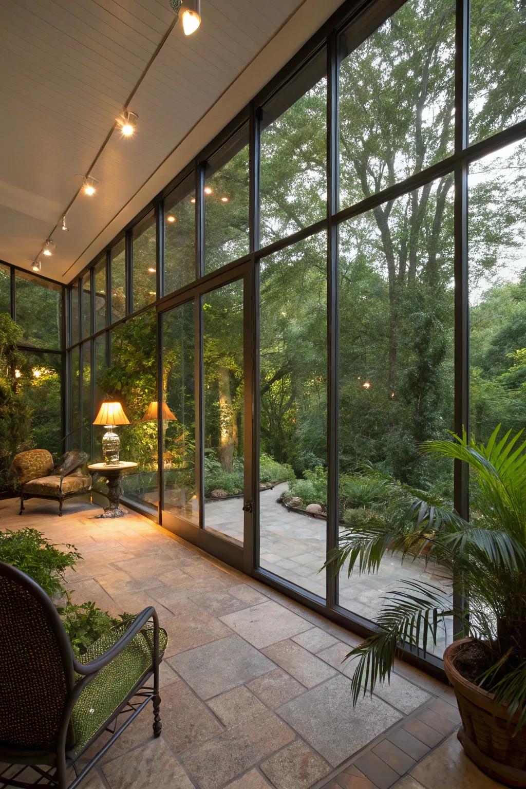 A tranquil glass-enclosed patio providing expansive vistas of the surrounding garden.