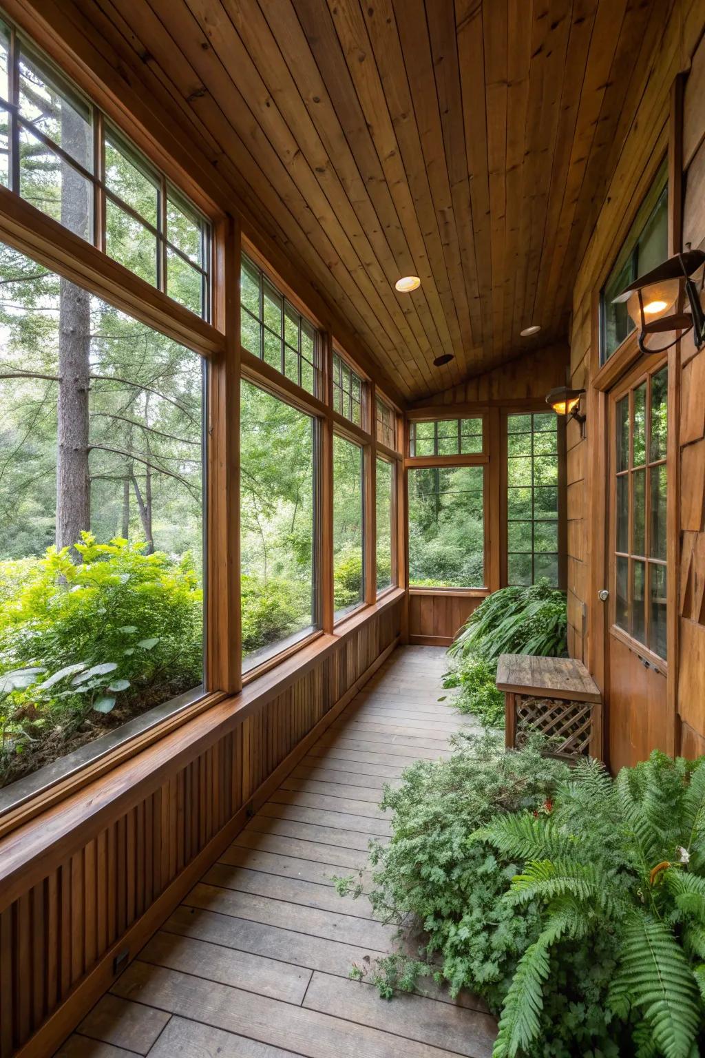 An enclosed porch featuring charming cedar wood siding.