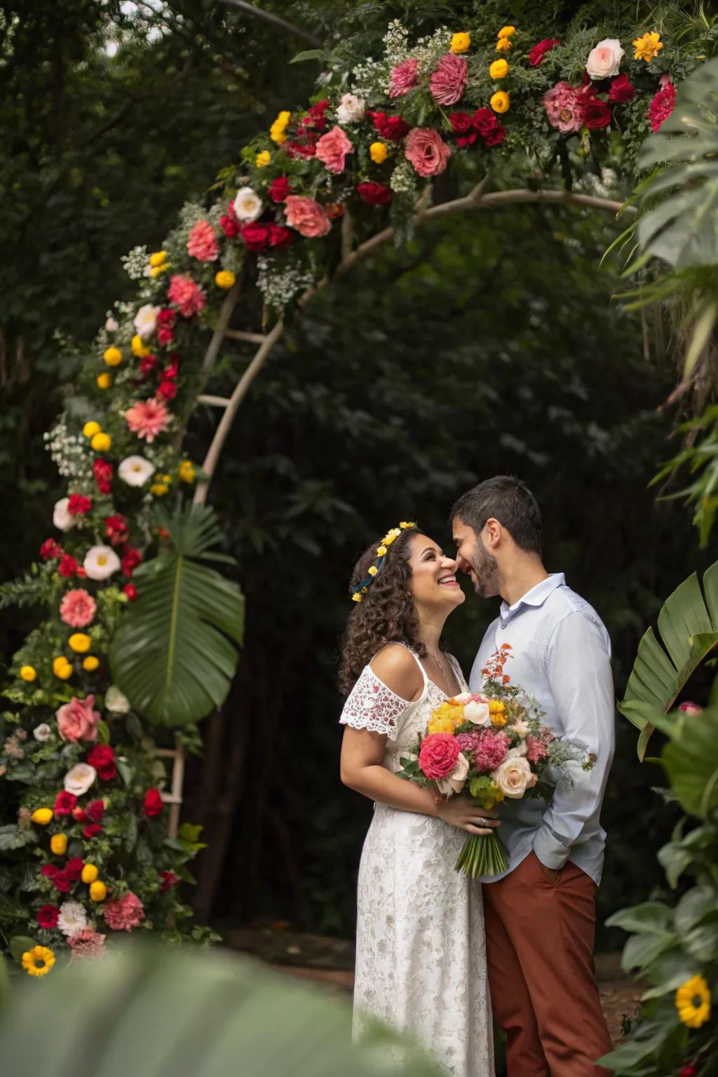 A lavish floral arch serves as a stunning backdrop for celebrating an engagement.