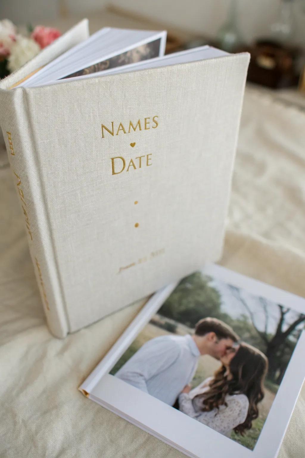 A personalized engagement memory album jacket with embossed names and date.