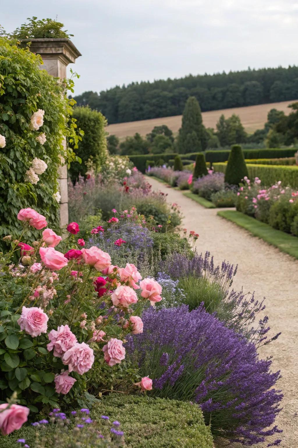 Lush floral borders accentuate a delightful tea garden.