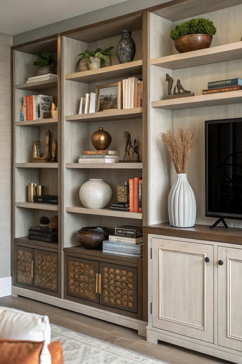 An entertainment center is adorned with accessible shelving, spotlighting a diverse array of ornamental pieces.