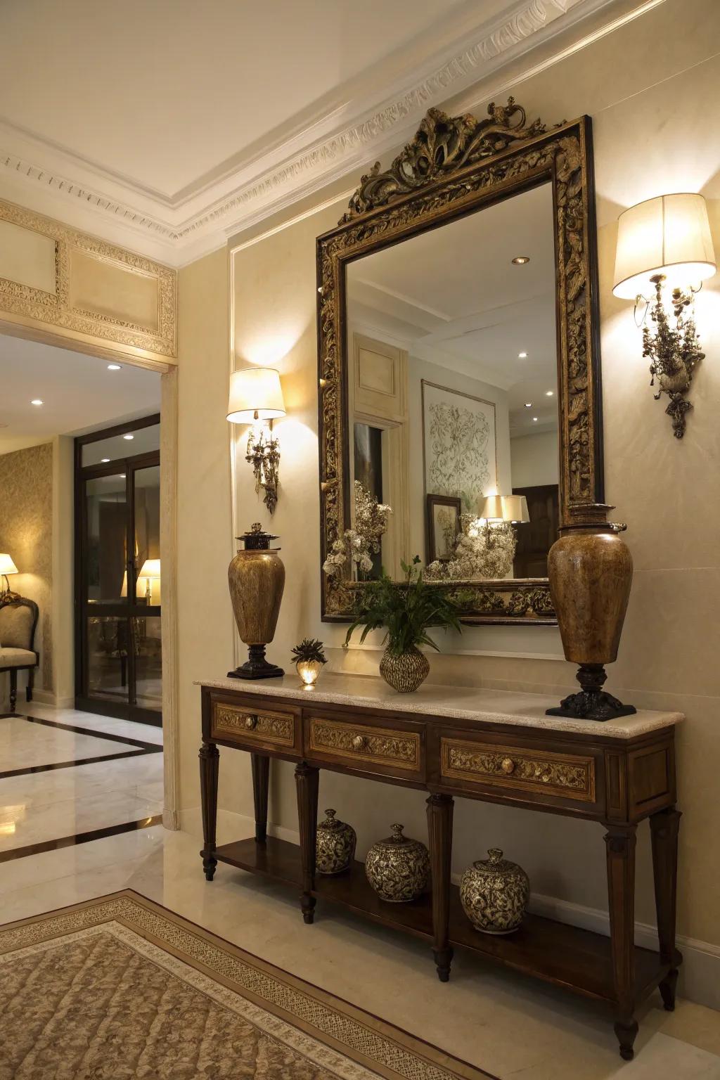 A beautiful mirror stands as the core of this inviting foyer.