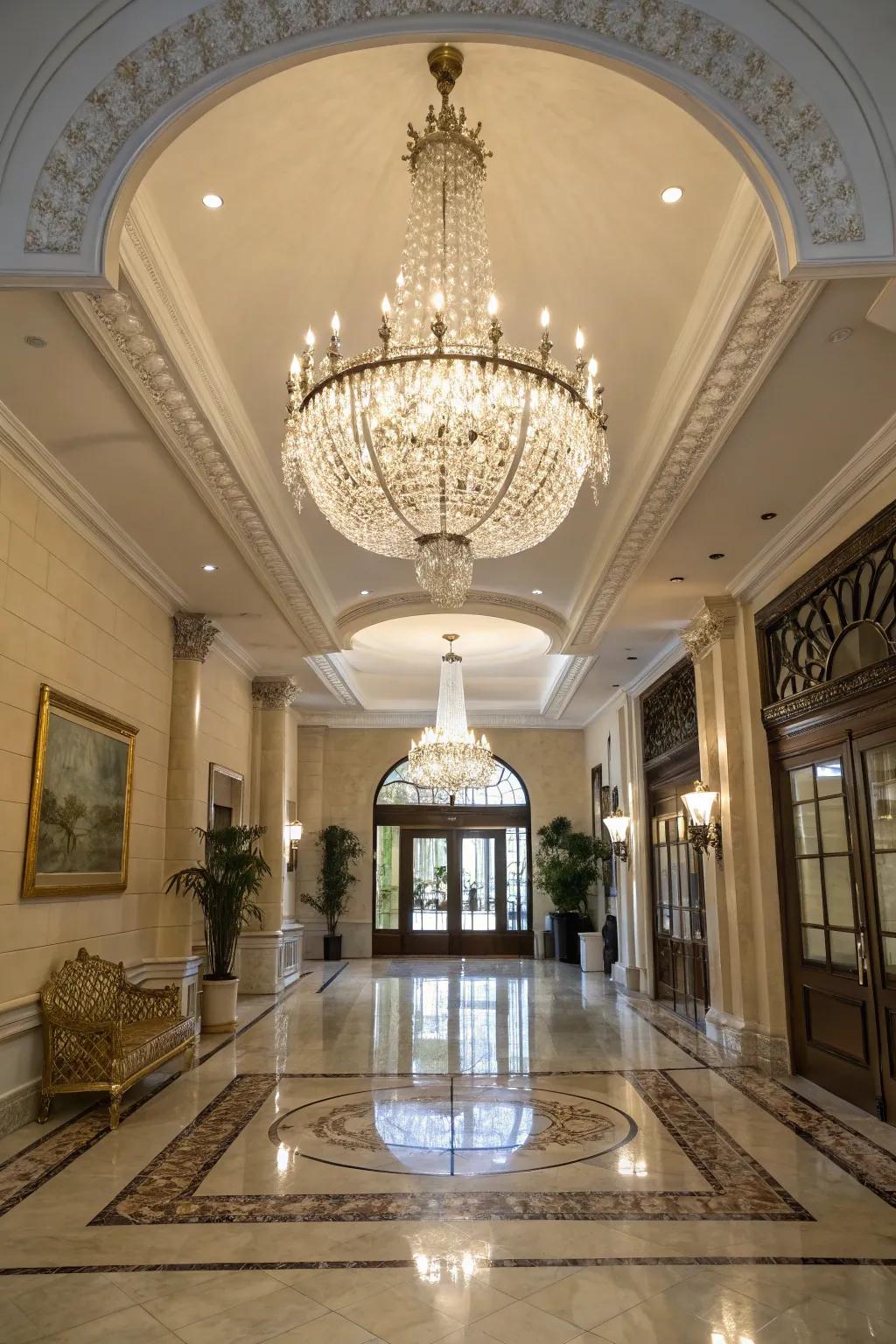 A crystal chandelier brings enduring sophistication to this entrance.