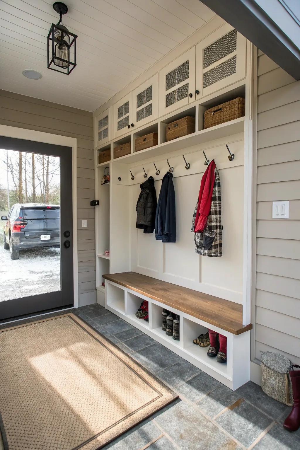 Turn your entryway into a practical mudroom with organized storage.