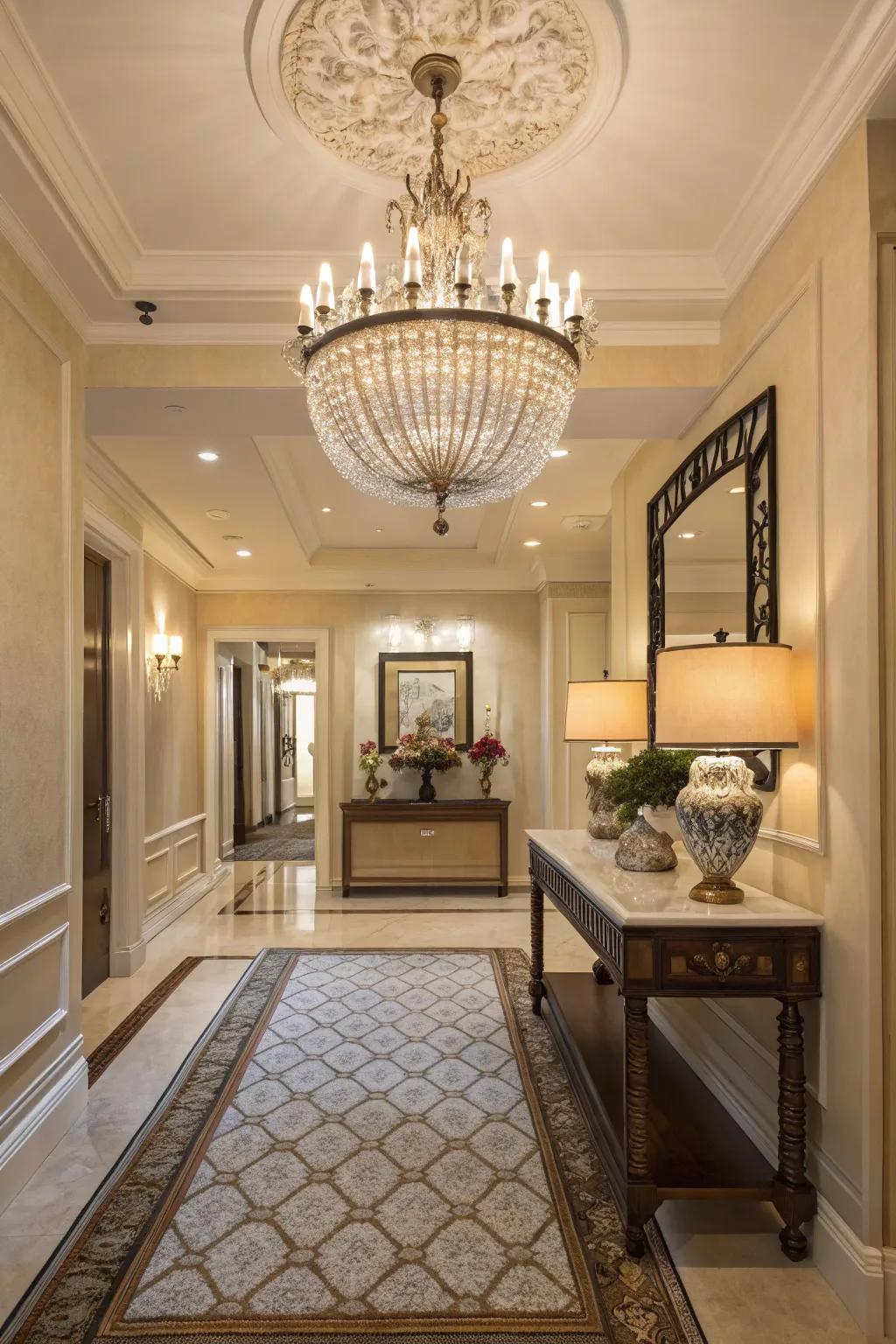 An eye-catching chandelier adds a dramatic touch to this entrance.