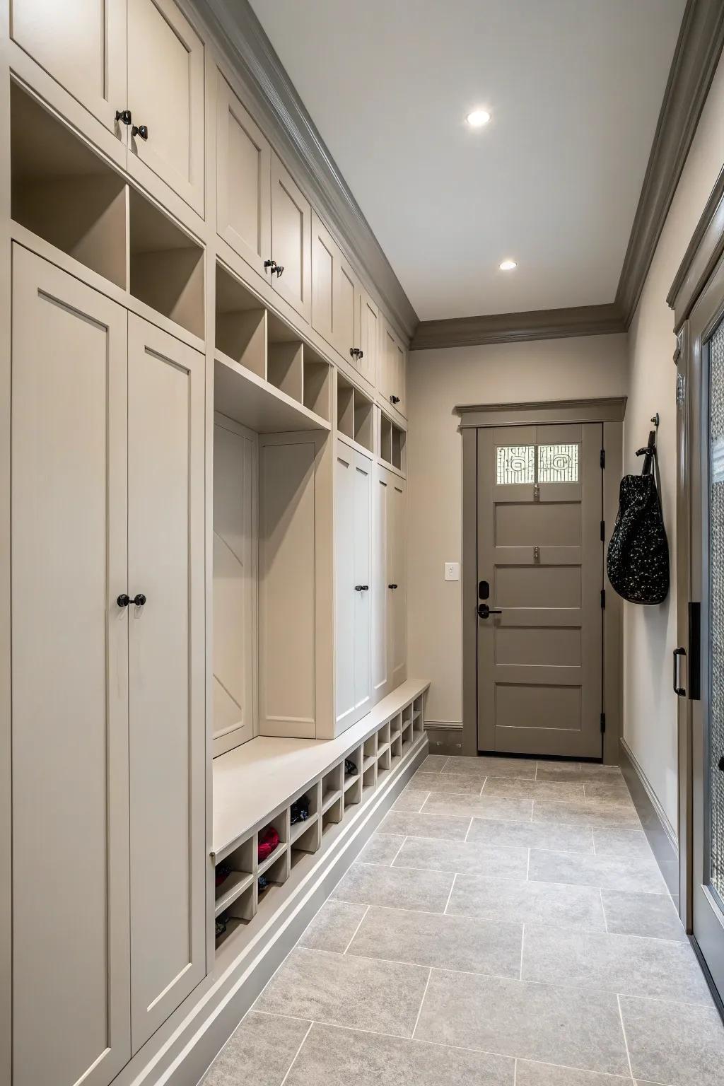 Floor-to-ceiling cabinets offer generous storage while maintaining a streamlined look.