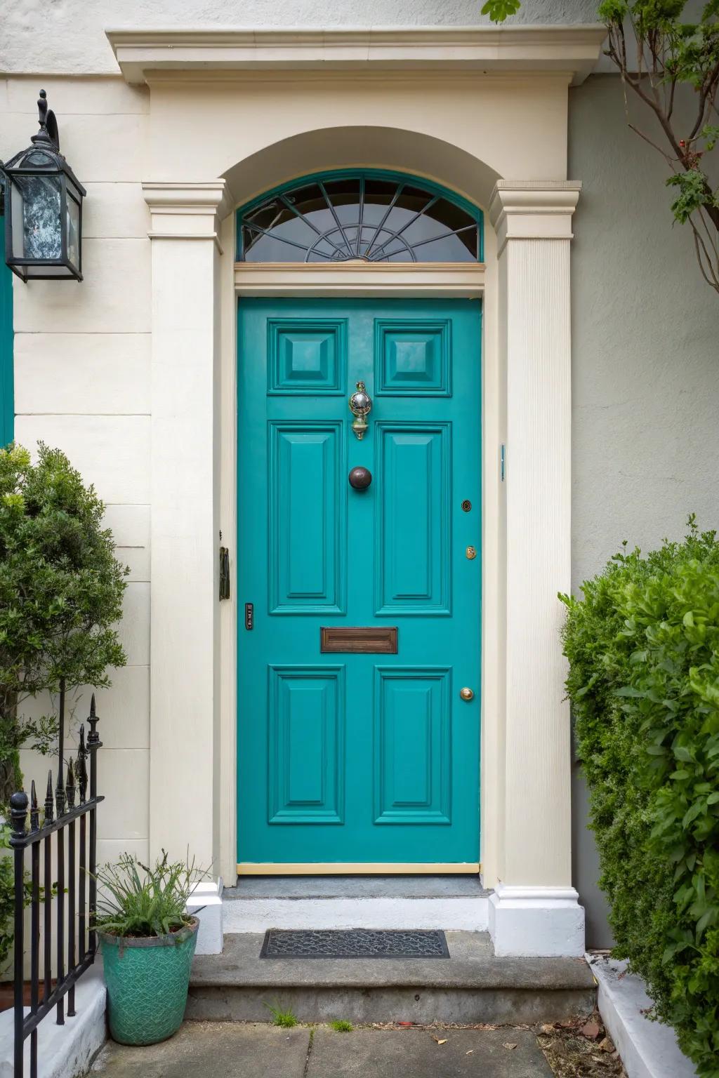 A striking turquoise entrance door boldly contrasts with a subdued background.